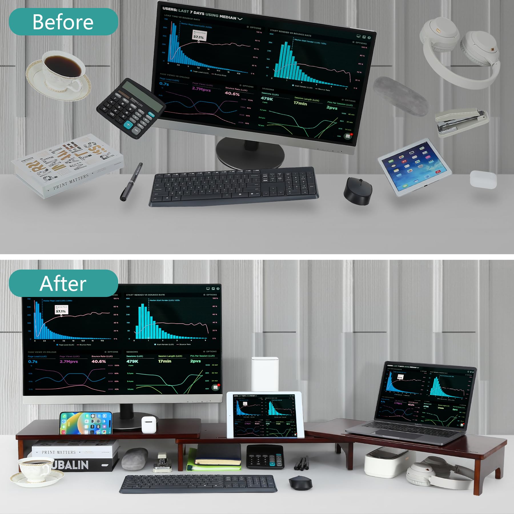 Nnewvante Bamboo Monitor Riser, 60 inch Upgrade Height Large TV Riser