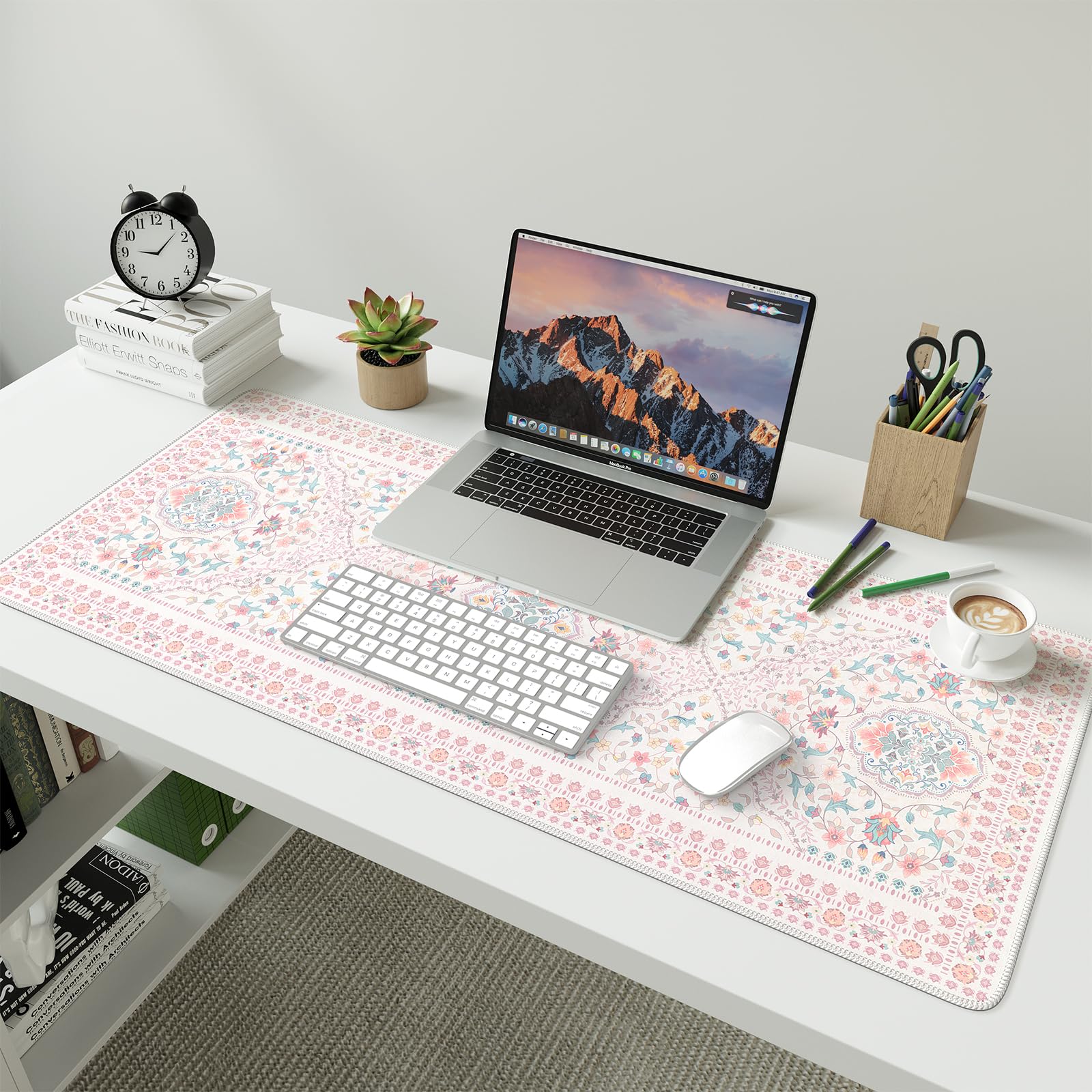 HAOCOO Pink Desk Matt, 35.4" x 15.7" Floral Mousepad for School Desk Use