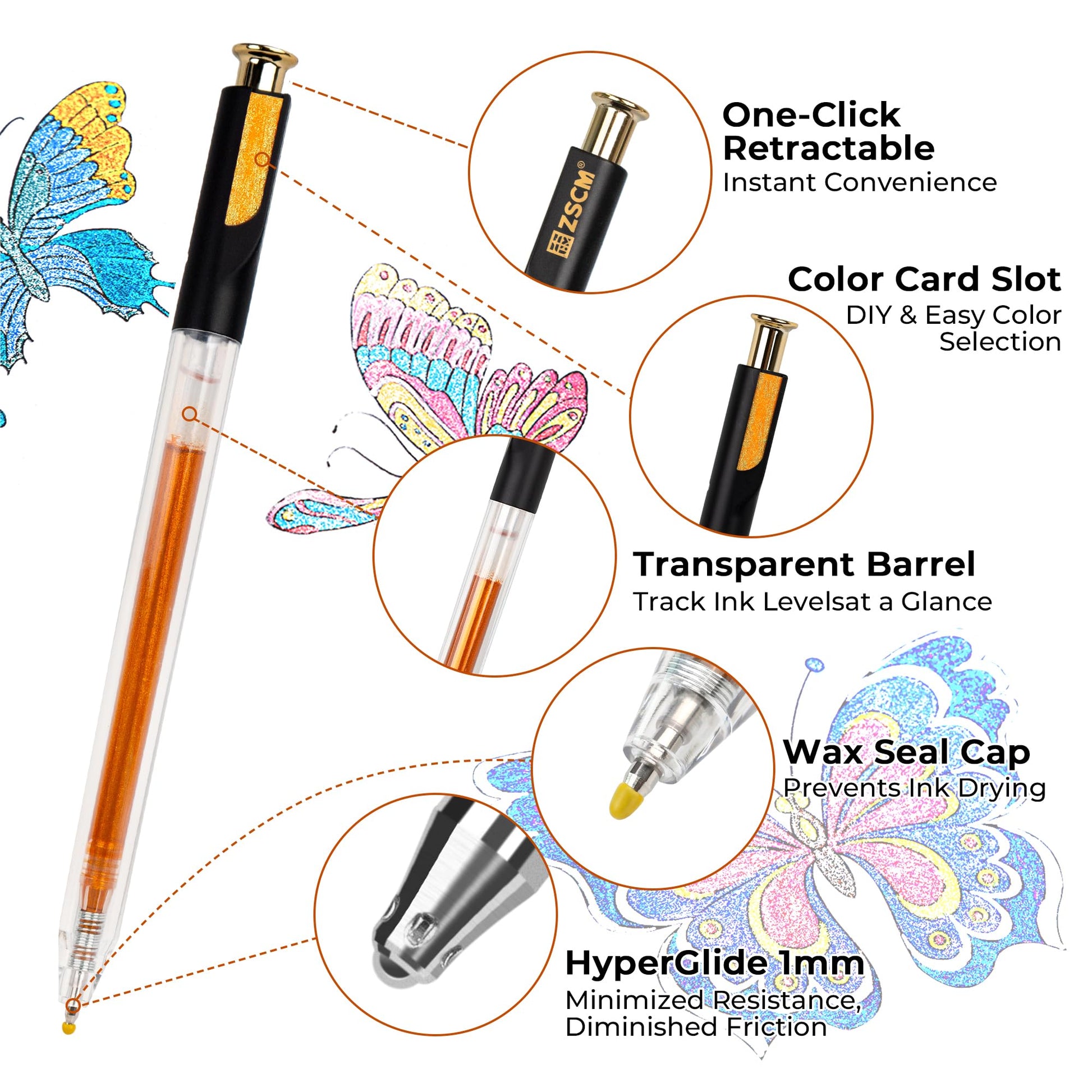 Retractable Aurasparkle Glitter Gel Pens, 24 Large Capacity Metallic Pens