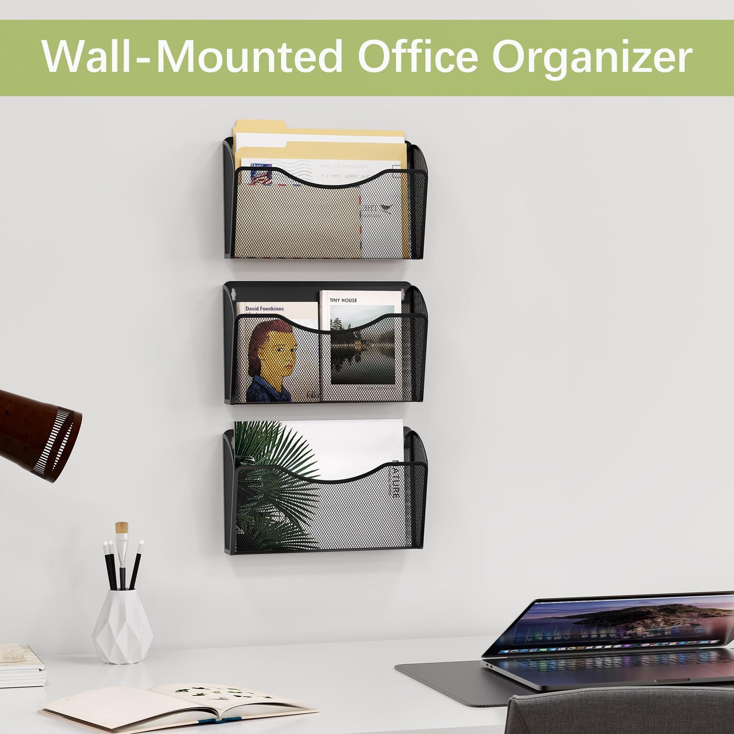 EasyPAG Wall File Organizer 3 Pack, Hanging File Organizer Wall Mount, Metal Mesh Folder Holder for