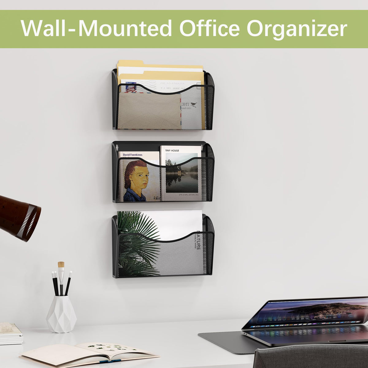 EasyPAG Wall File Organizer 3 Pack, Hanging File Organizer Wall Mount, Metal Mesh Folder Holder for