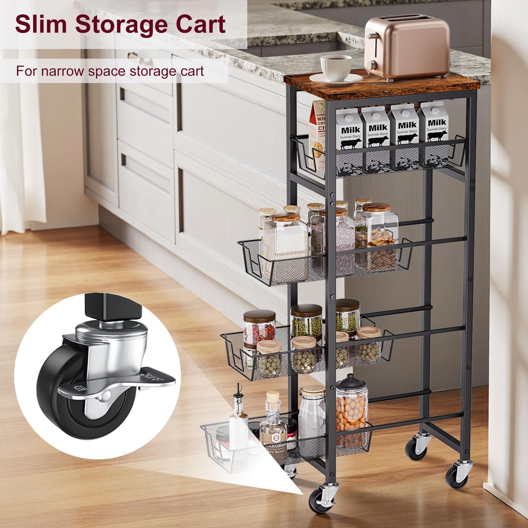 Slim Rolling Cart, 4-Tier Storage Cart, 9.1inch Narrow Kitchen Rolling Cart on Wheels for Small