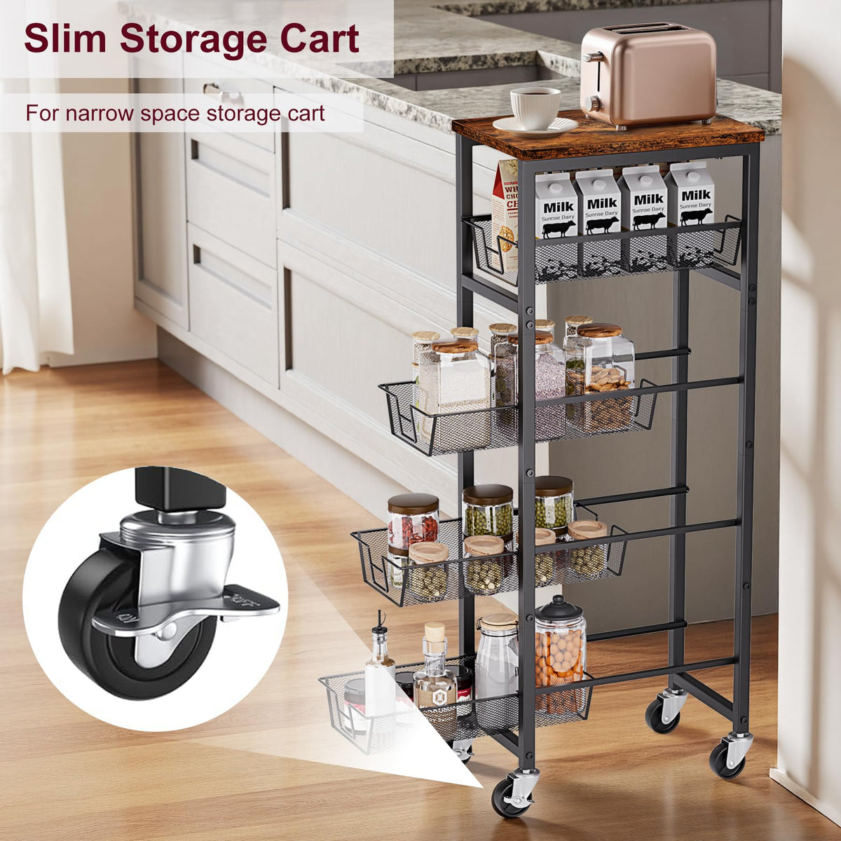Slim Rolling Cart, 5-Tier Storage Cart, 9.1inch Narrow Kitchen Rolling Cart on Wheels for Small