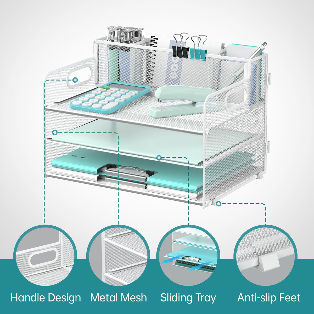 3-Tier Desk Organizer with Pen Holder and Handles, Paper Organizer, White