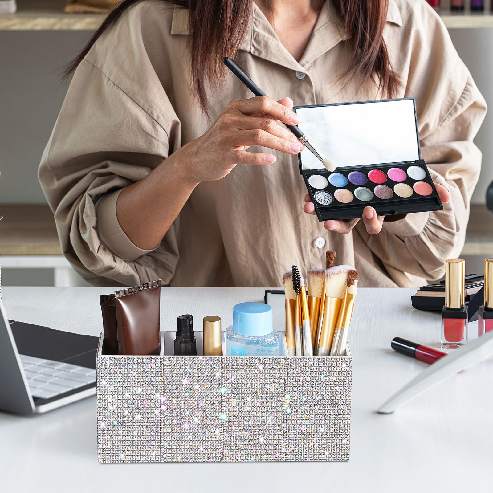 Resholder Rhinestone Desk Organizer, White Pen Makeup Brush Holder