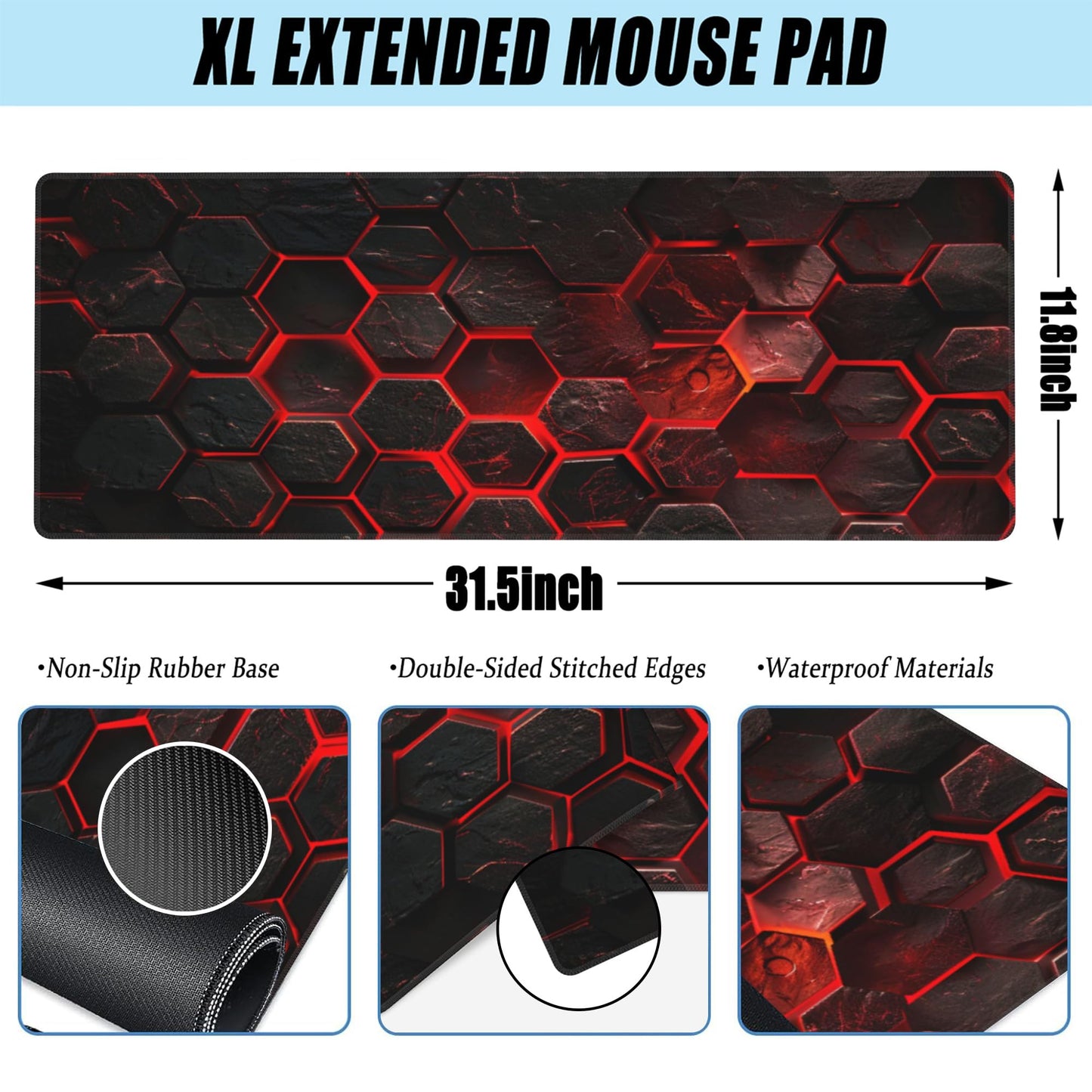 Large Gaming Mouse Pad for Desk,Red Honeycomb Science Technology Desk Mat,Honeycomb Hexagon Desk