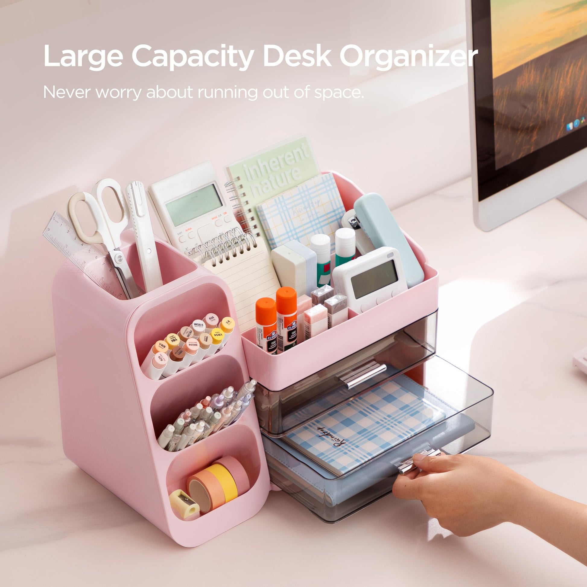 HBlife Desk Organizer with Pen Pencil Holder for Desk, Pen Organizer with 2 Drawers, Desk