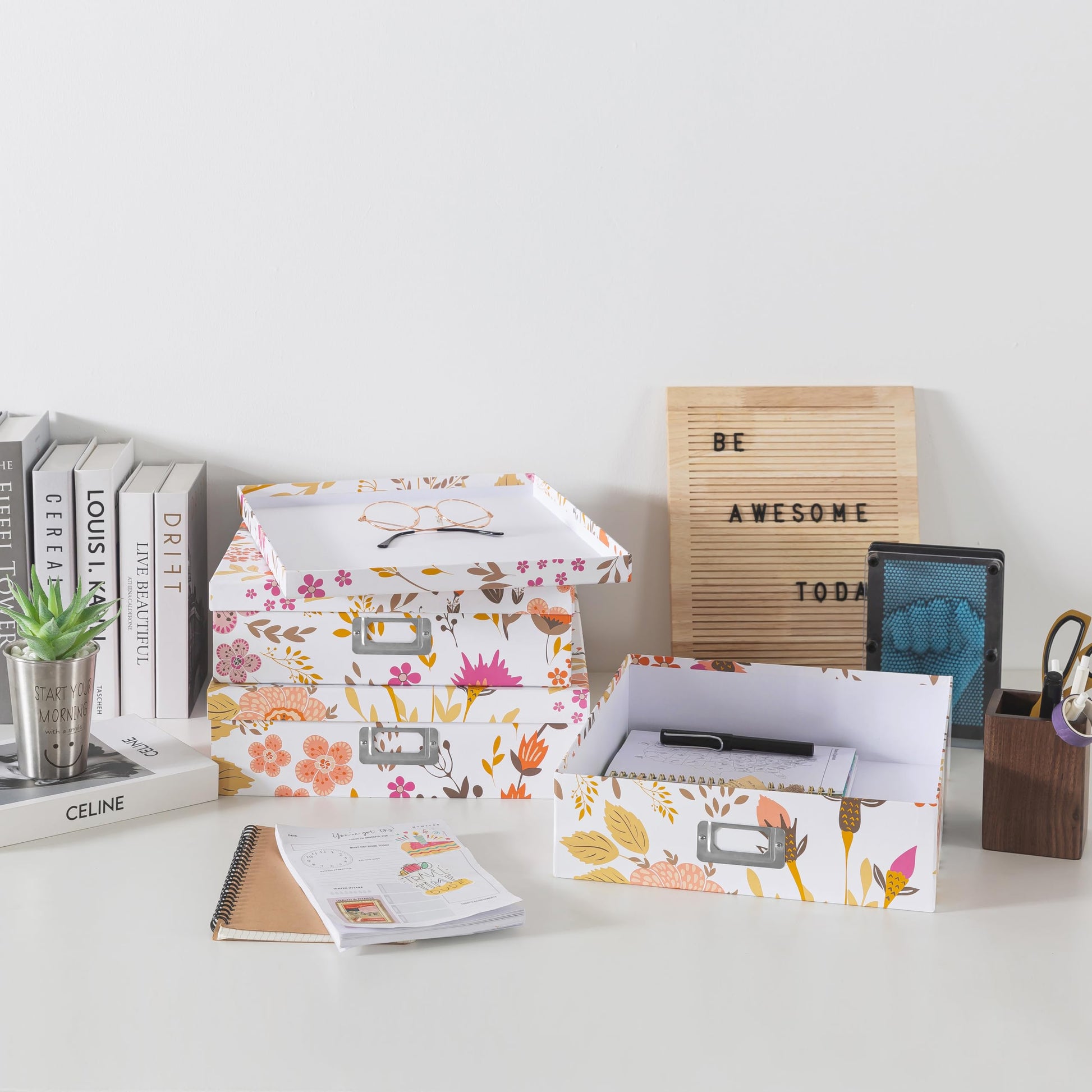 Soul & Lane - Keepsake Storage Boxes with Lids, Set of 3, Floral Collage