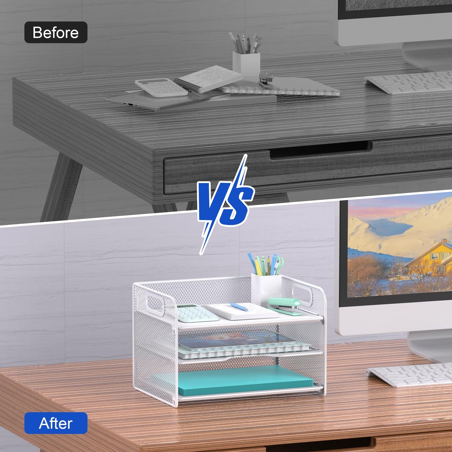 Samstar 3 Tier White Letter Tray Paper Organizer with Handle, Mesh Desk Organizer Paper Sorter File