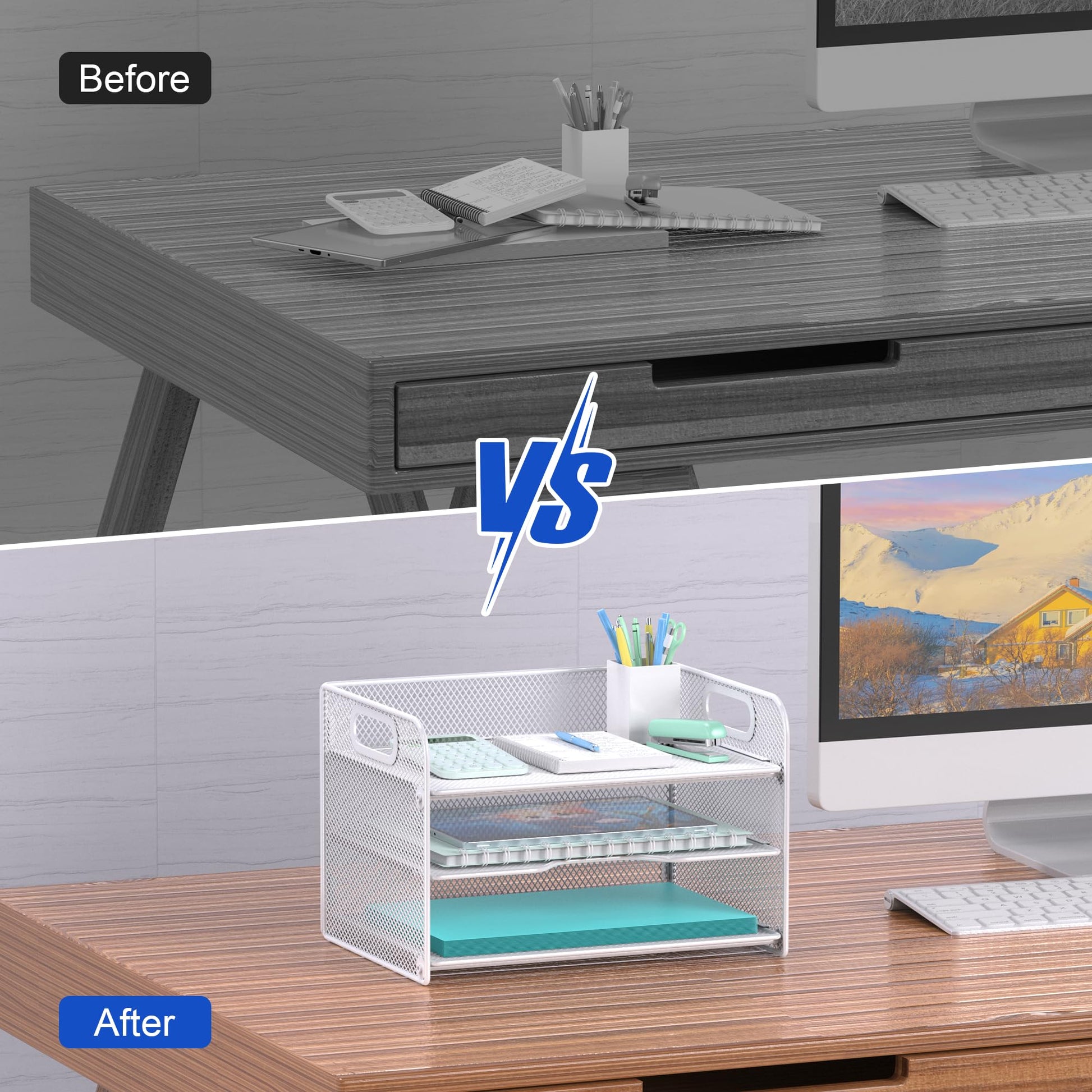 Samstar 3 Tier White Letter Tray Paper Organizer with Handle, Mesh Desk Organizer Paper Sorter File