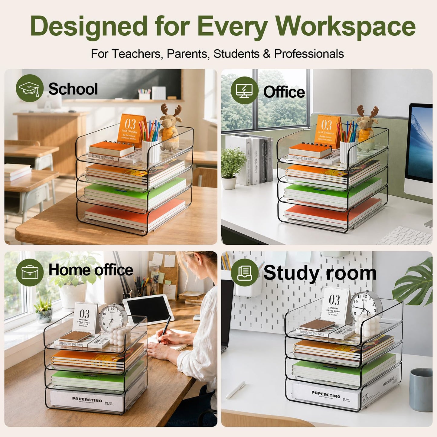 FANXIYQ 4-Tier Acrylic Paper Tray Organizer, Clear Stackable Desk File Organizer for Documents