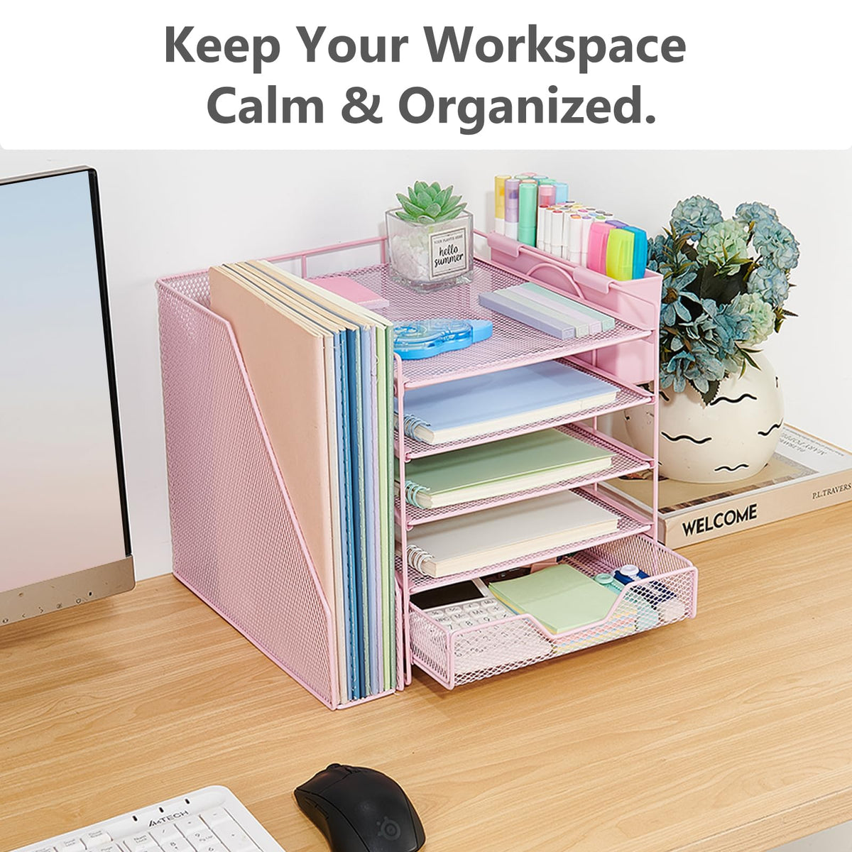 Gugsey 5-Tier Desk File Organizer with Drawer & Pen Holder (Pink)