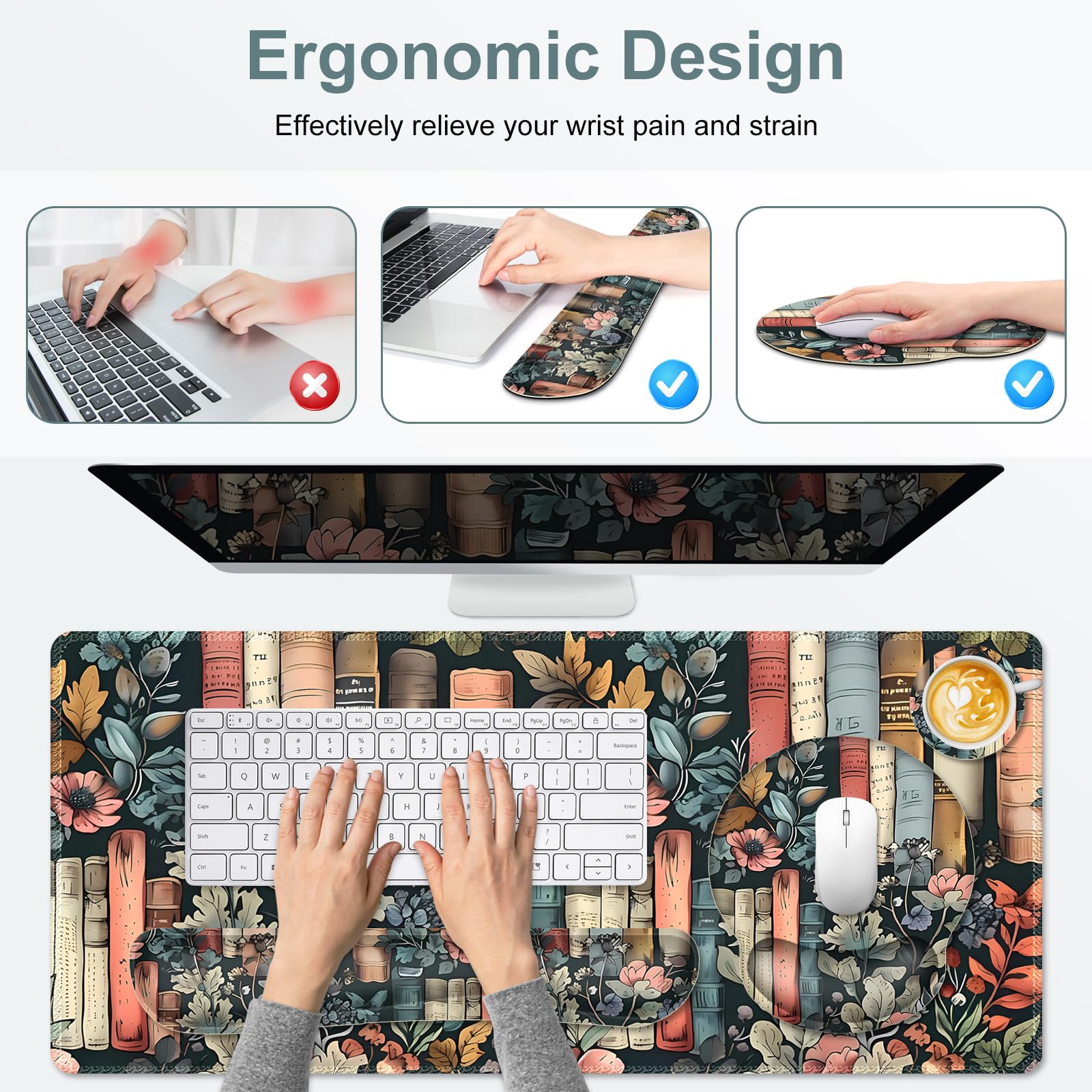 Nature Aesthetic Florals Books Mouse Pad, XXL Large Desk Mat Extended Reading Desk pad, 4PCS
