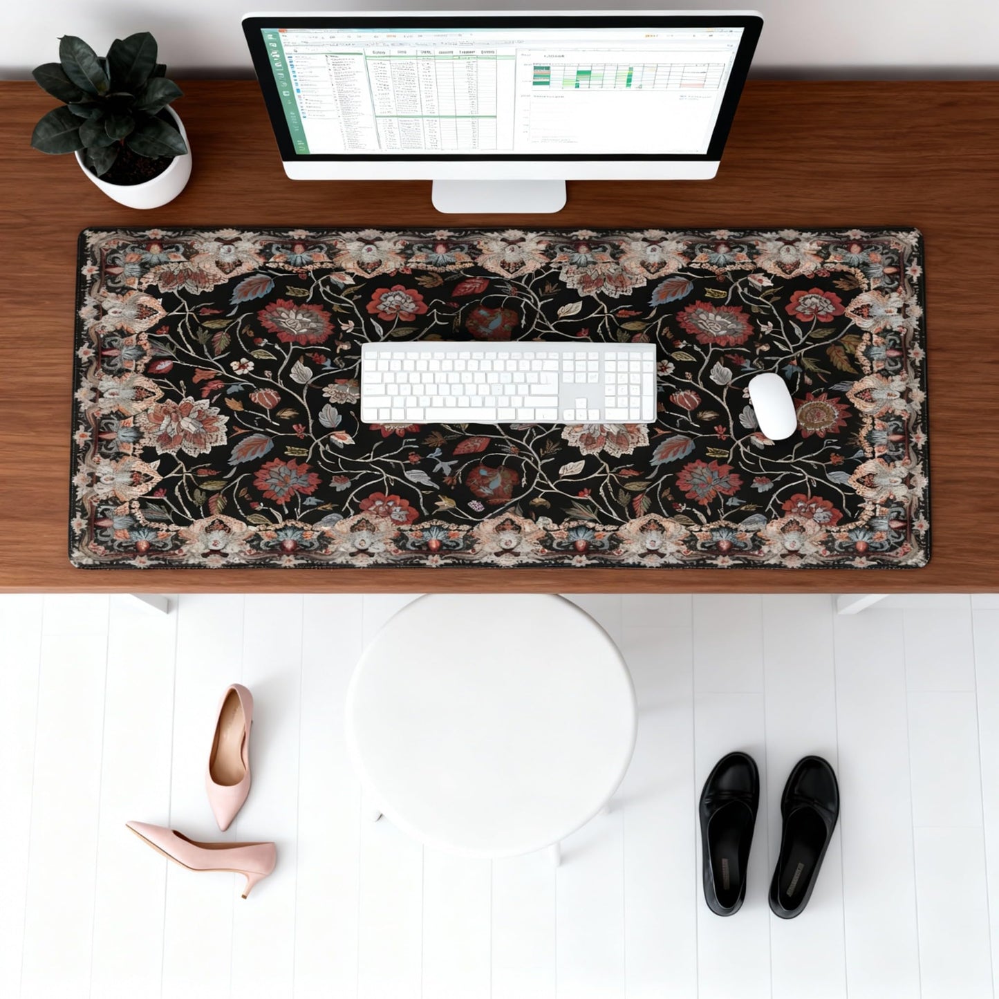 Floral XXL Large Desk Pad Mat - Anti-Slip Stitched Edges Mouse Pad for Women, Office & Home, Extra