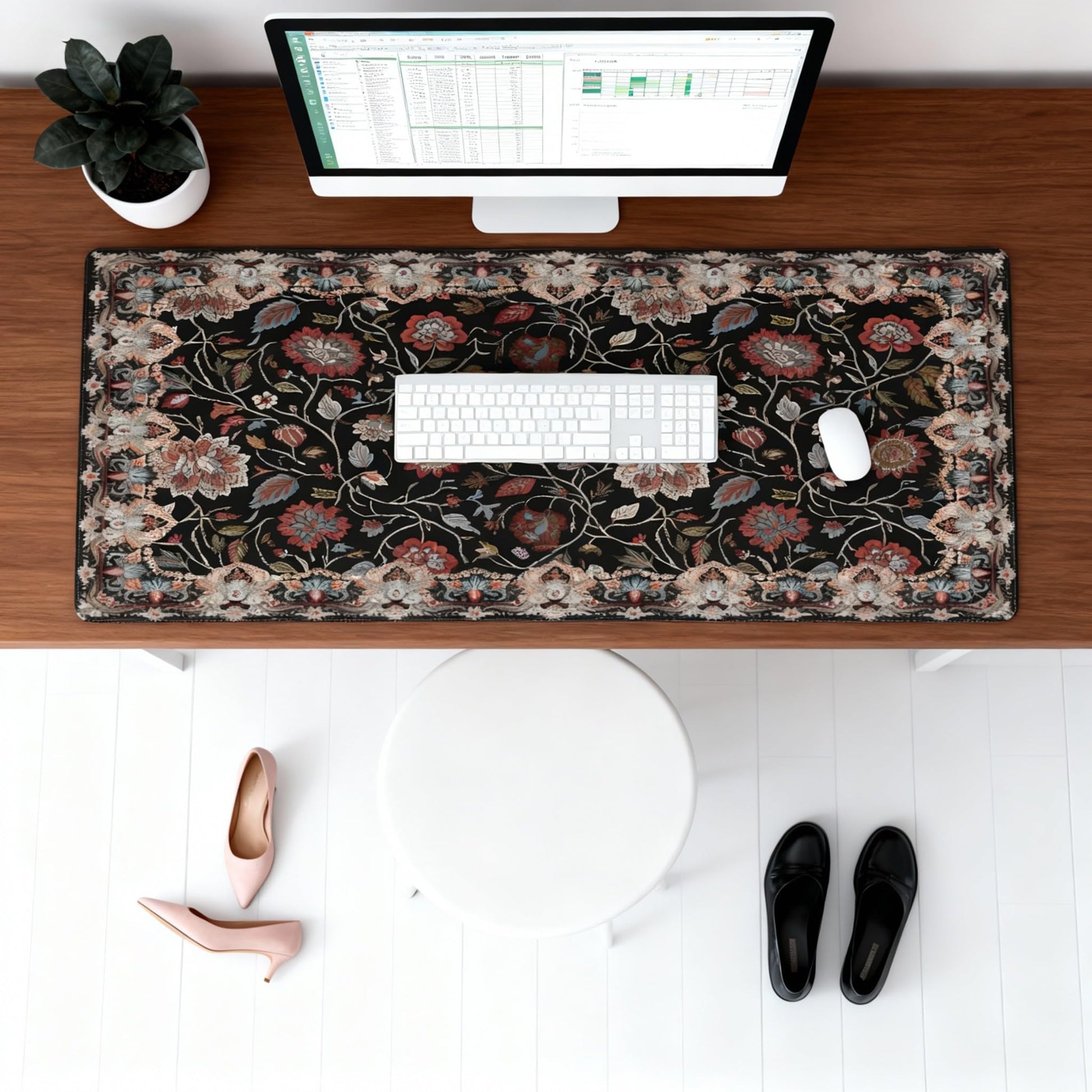Floral XXL Large Desk Pad Mat - Anti-Slip Stitched Edges Mouse Pad for Women, Office & Home, Extra