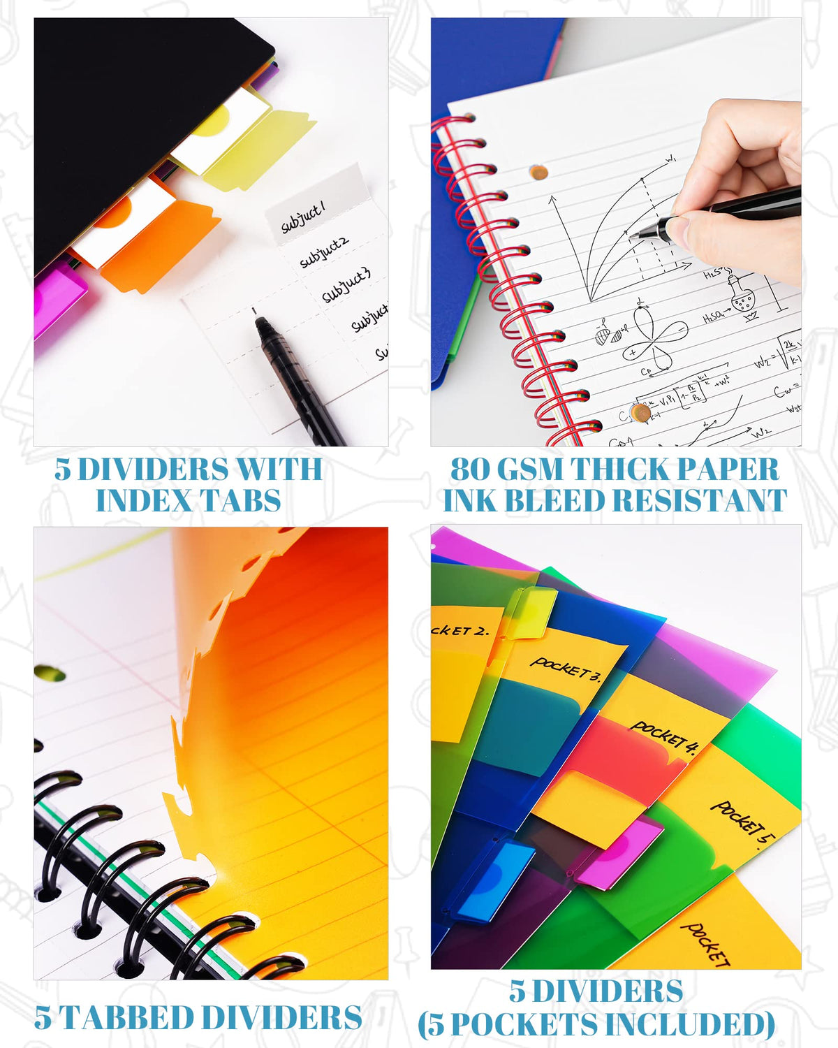 MOWEE Spiral Notebook - 5 Subject Notebook, College Ruled Notebook With Dividers Pocket, Tabs