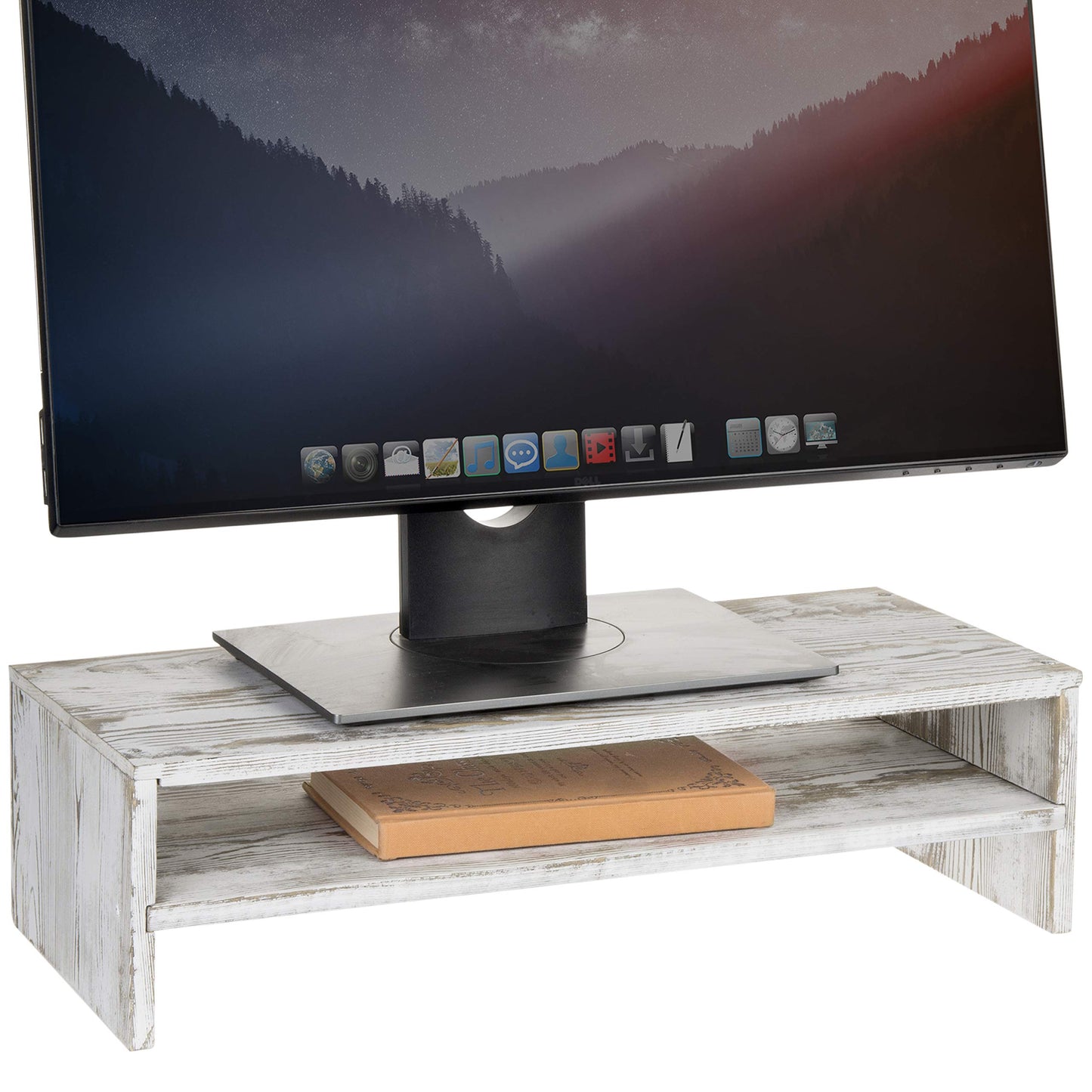 MyGift Whitewashed Wood Monitor Stand, 2 Tier Computer Desk Riser Shelf