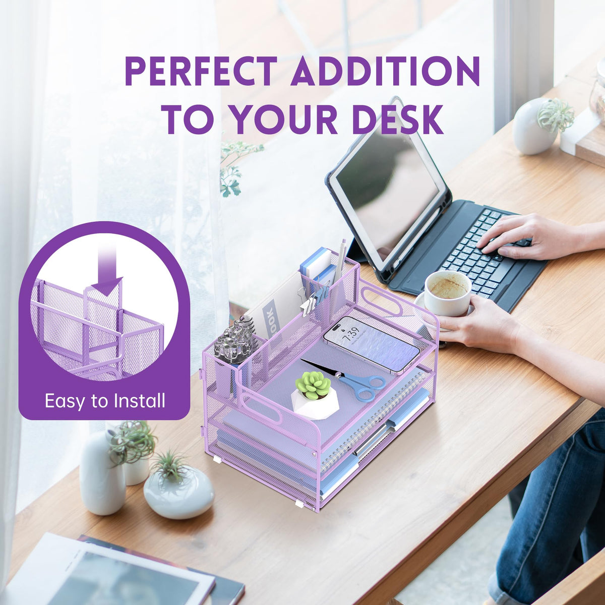3-Tier Desk Organizer with Pen Holder and Handles, Paper Organizer, Purple