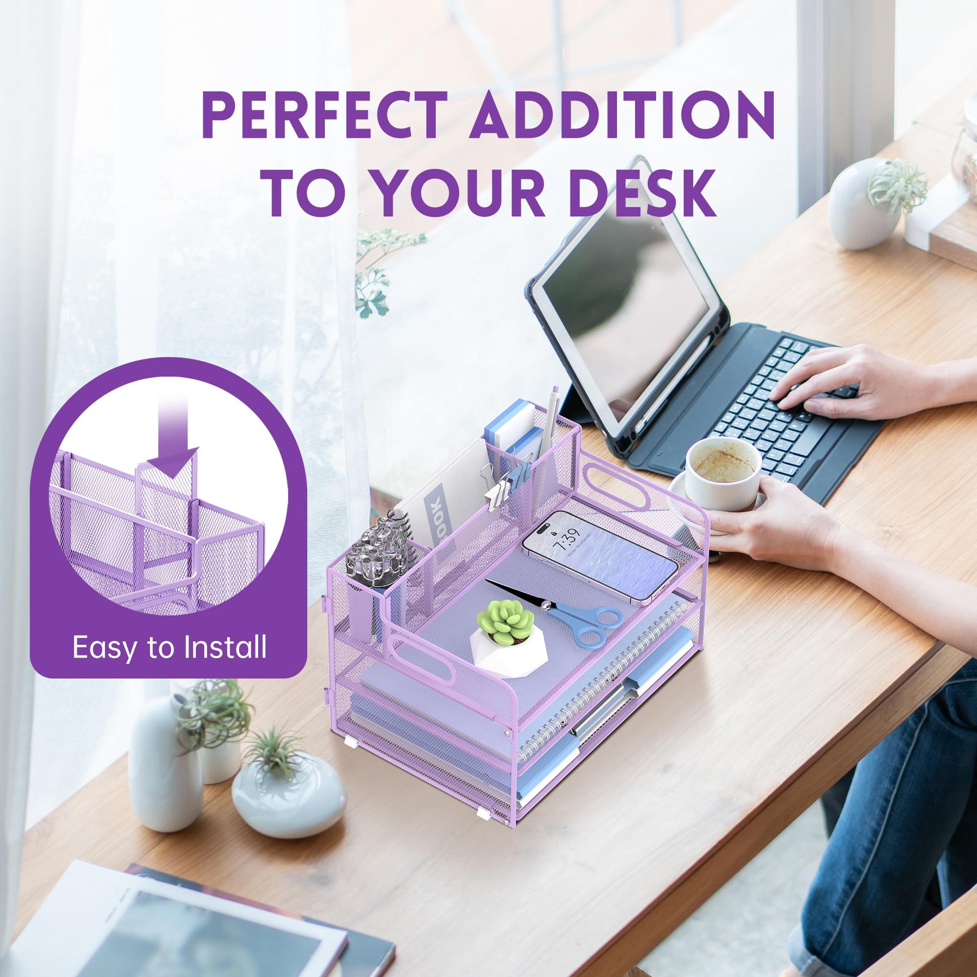 3-Tier Desk Organizer with Pen Holder and Handles, Paper Organizer, Purple