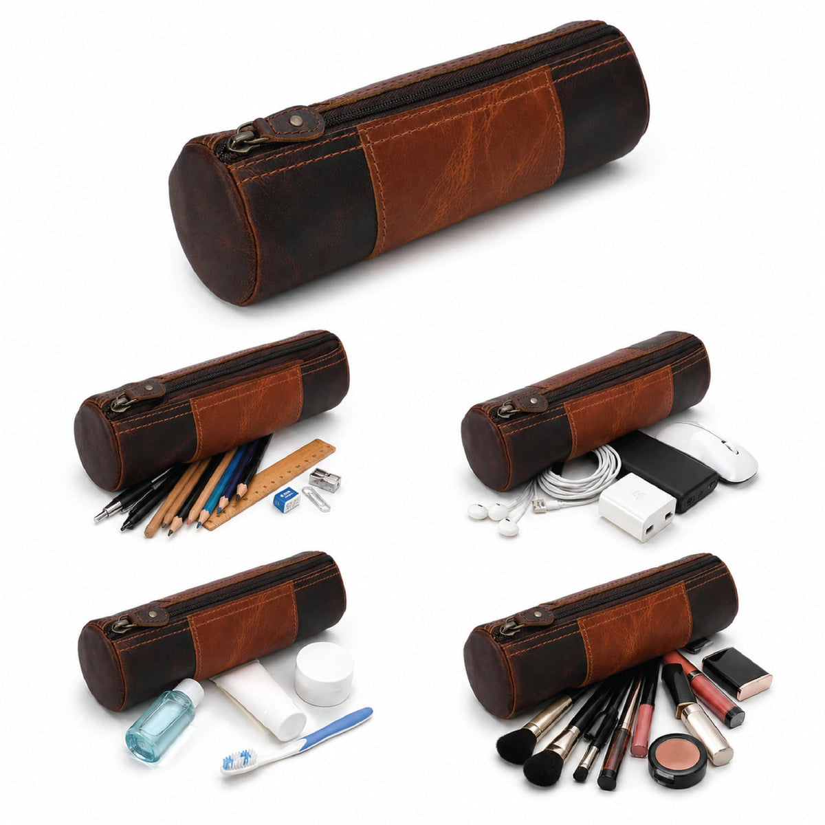 TheAntiq Genuine Leather Pencil Pouch, Handcrafted Zipper Organizer Case with Wrist Strap, Durable