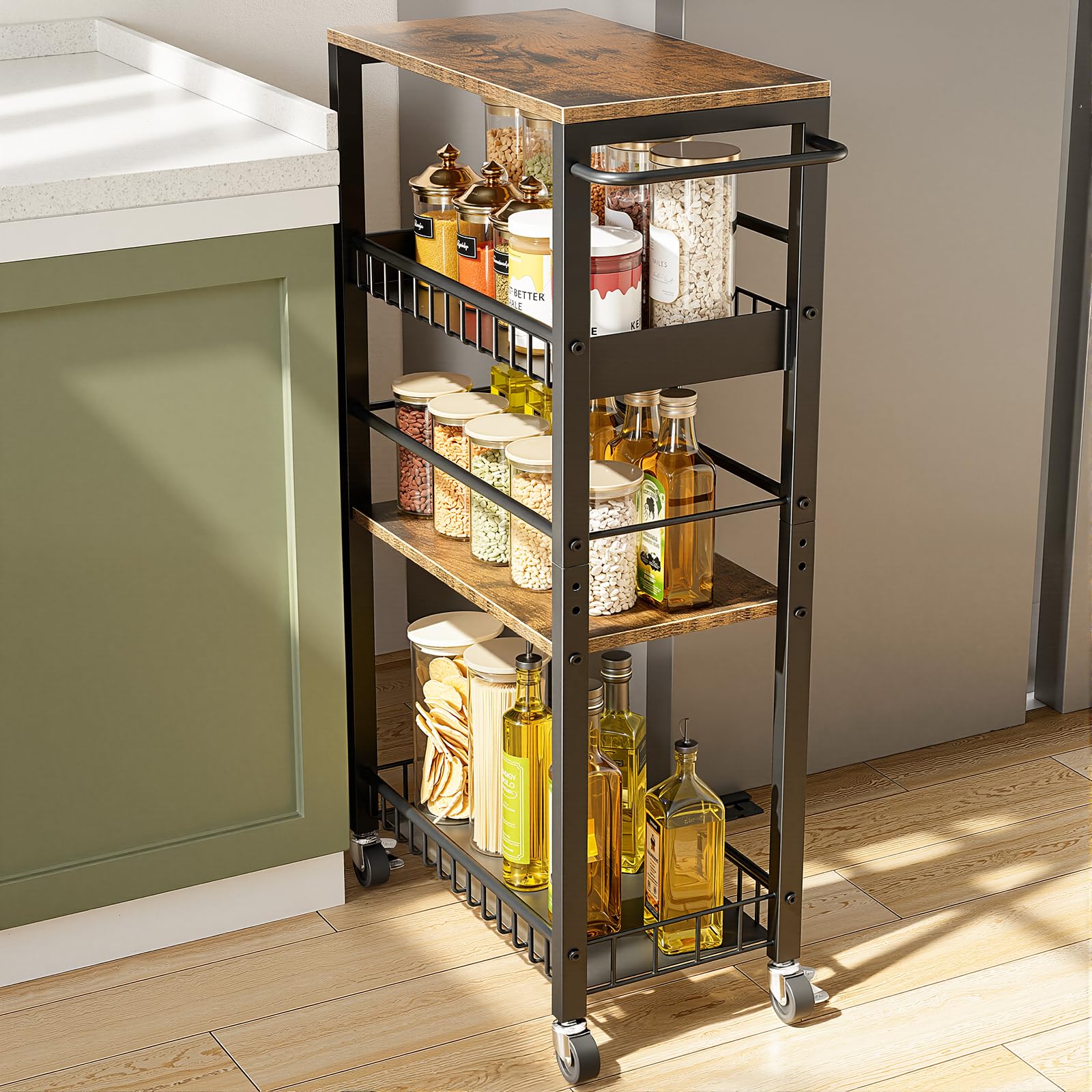 Kssiaz Slim Rolling Storage Cart, 4 Tier Narrow Storage Cart, 9.1in(W)