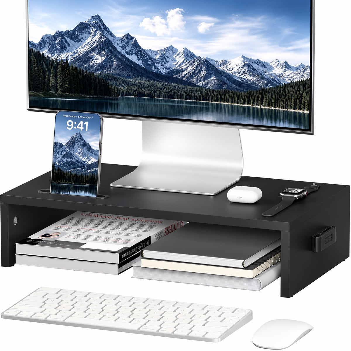 1home Monitor Stand Riser, 16.7 Inch Wood Monitor Riser Stand with Storage Organizer, Desktop