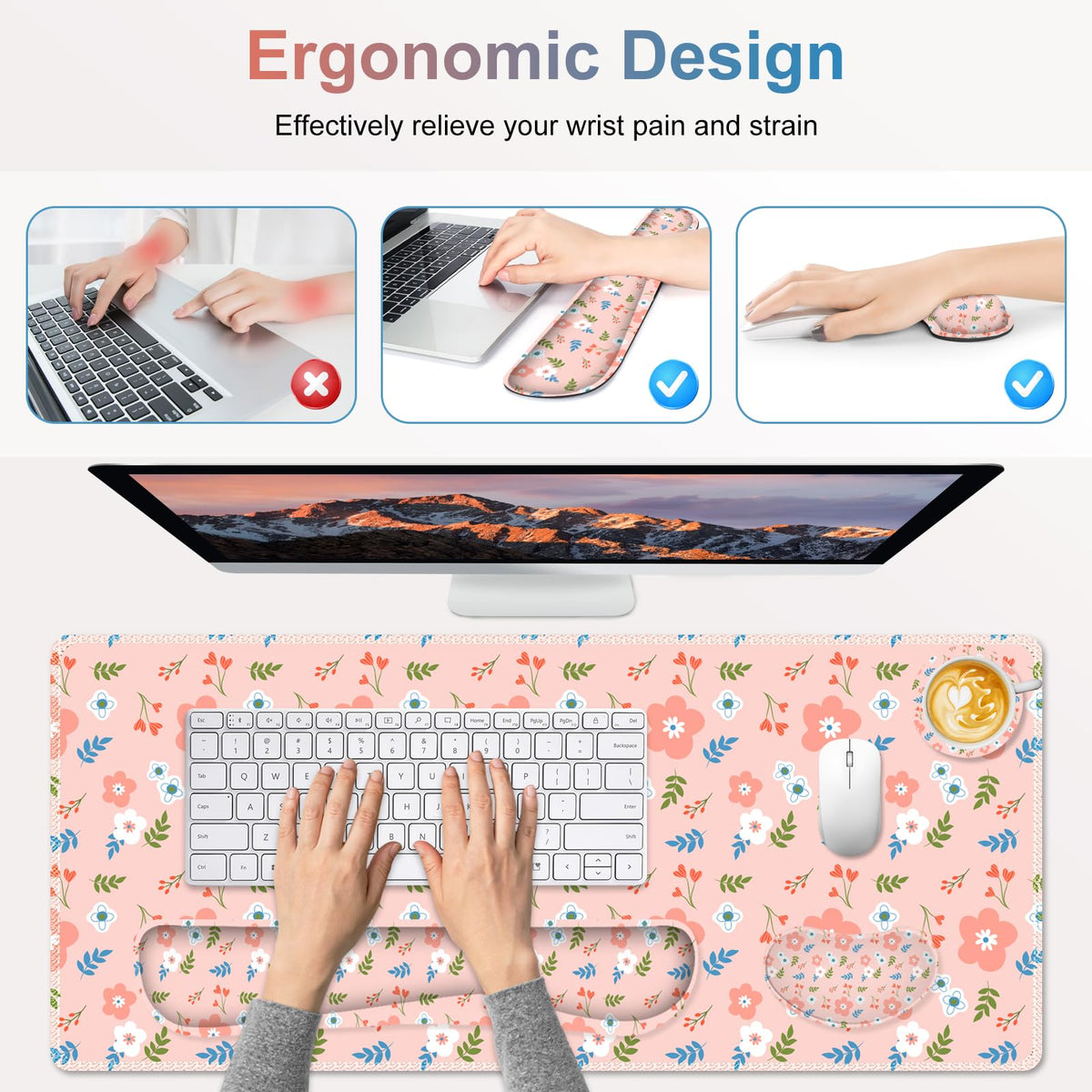 NXZGO Large Gaming Mouse Pad Set, 4 in1 Ergonomics Keyboard Desk Mat with Memory Foam Wrist Rest