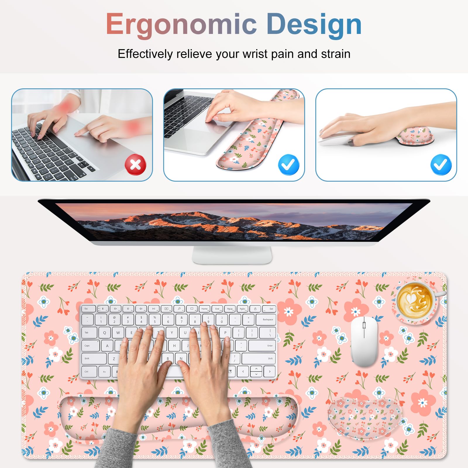 NXZGO Large Gaming Mouse Pad Set, 4 in1 Ergonomics Keyboard Desk Mat with Memory Foam Wrist Rest