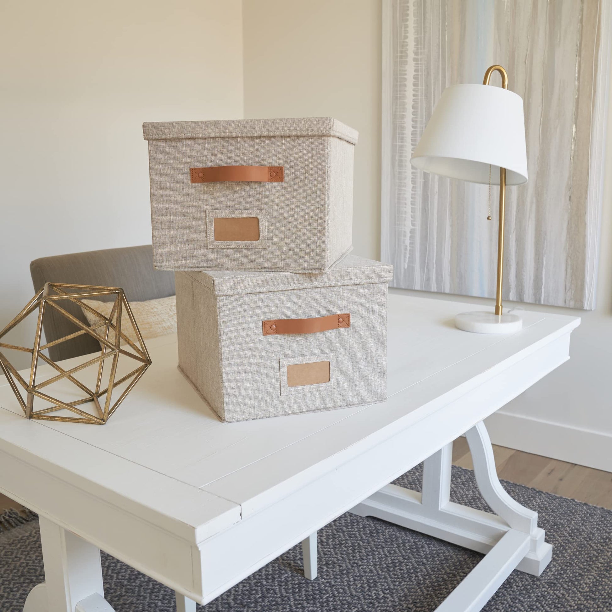 Decorative File Organizer Box Set of 2 - Collapsible Linen Filing Cabinets