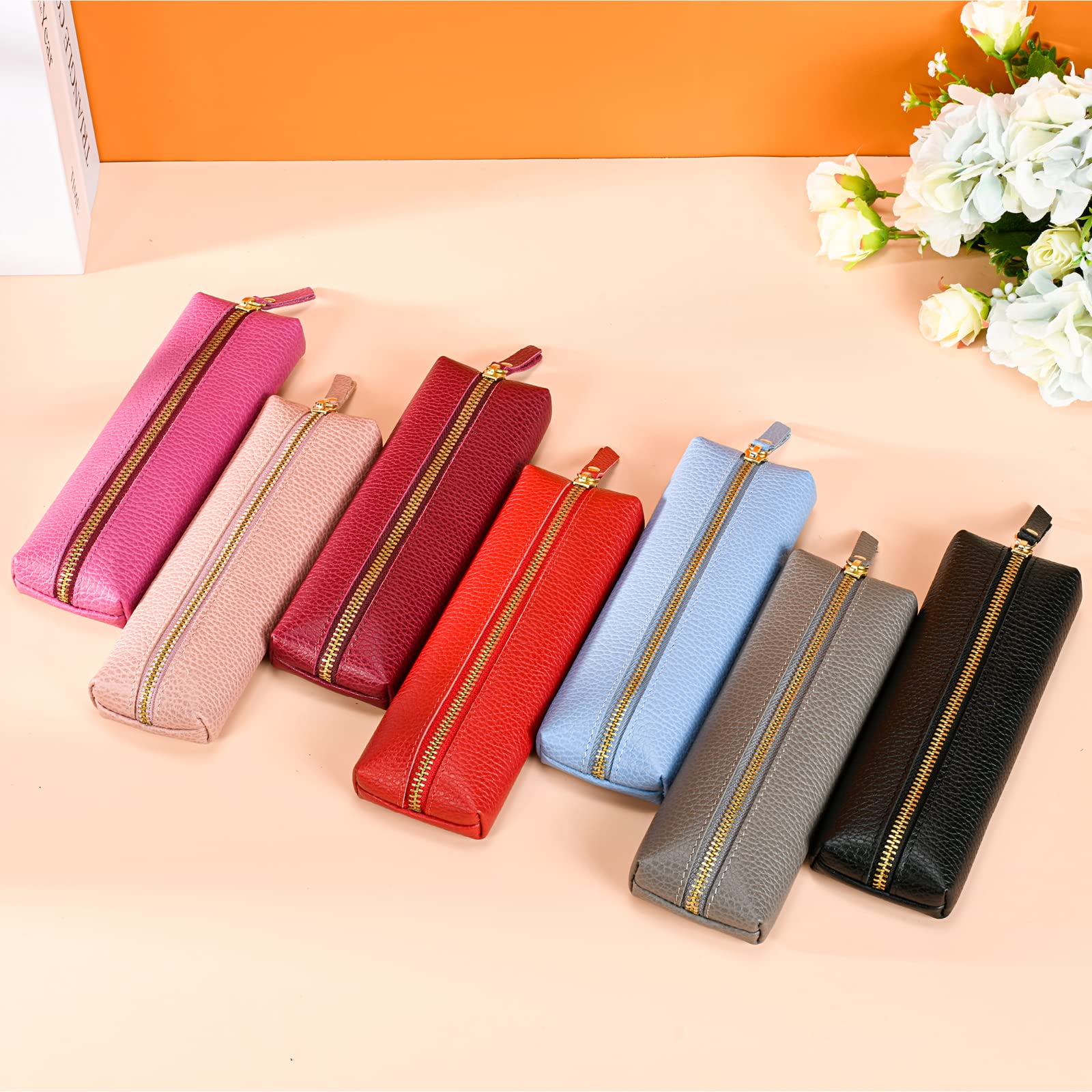 Sluxa Pink Genuine leather case, Pen organizer for adults, Small pencil case for women.