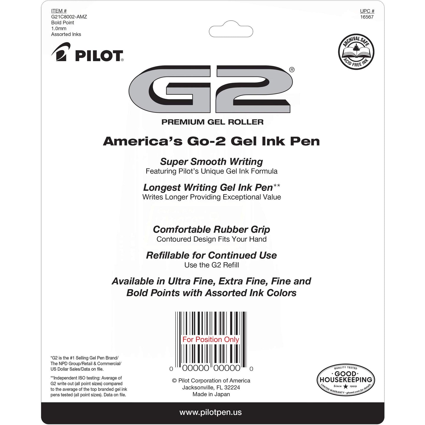 PILOT G2 Premium Gel Roller Pens, Bold Point, 1 mm, Pack of 8, Black, Blue