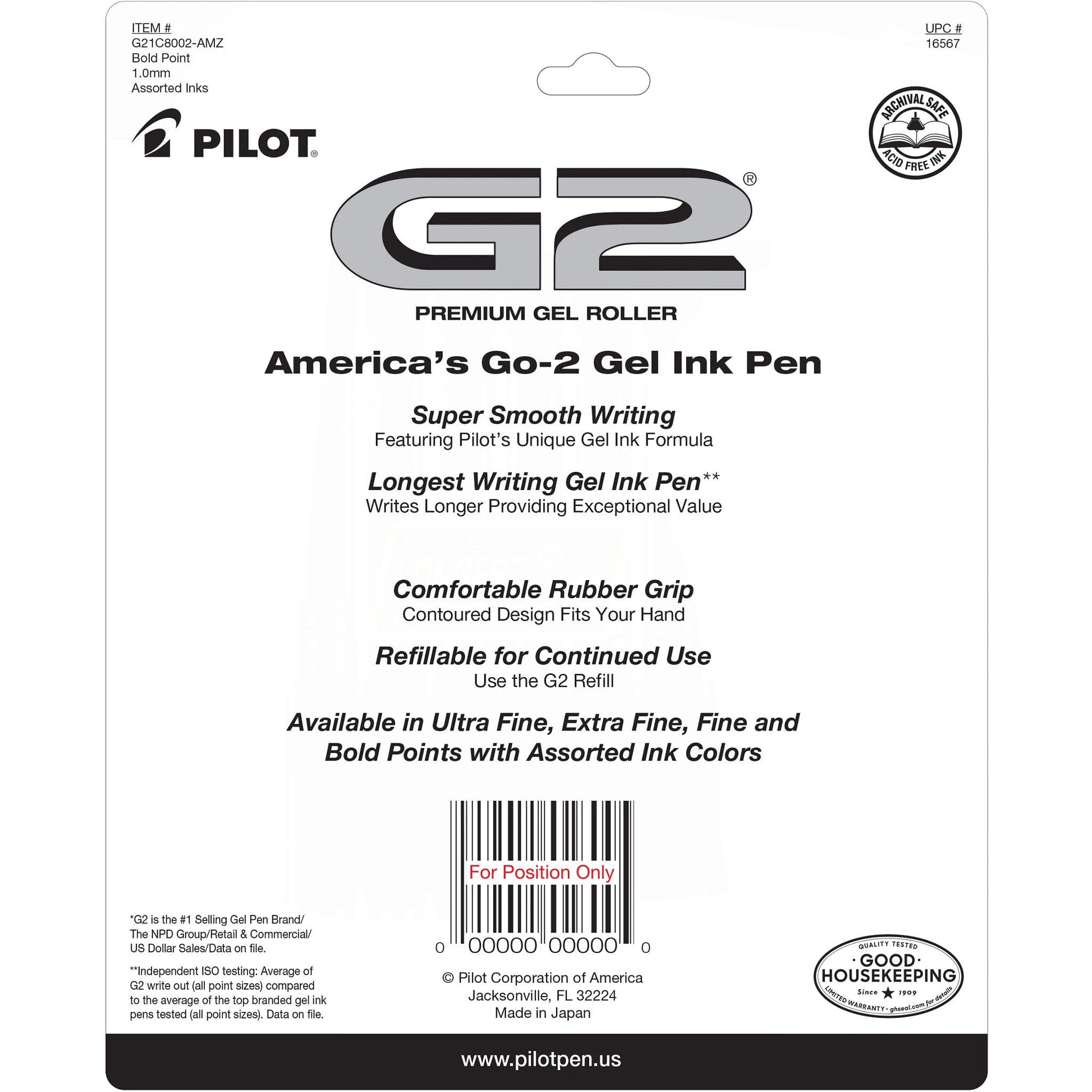 PILOT G2 Premium Gel Roller Pens, Bold Point, 1 mm, Pack of 8, Black, Blue