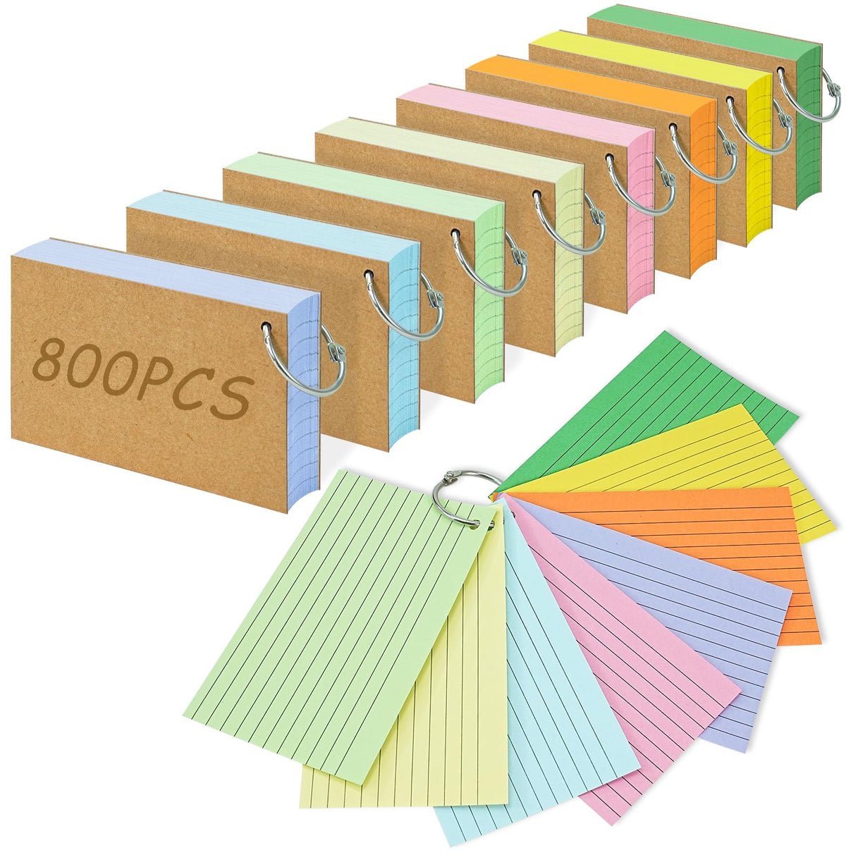 800 PCS Colored Index Cards, 3x5 Inches Flash Cards with Ring