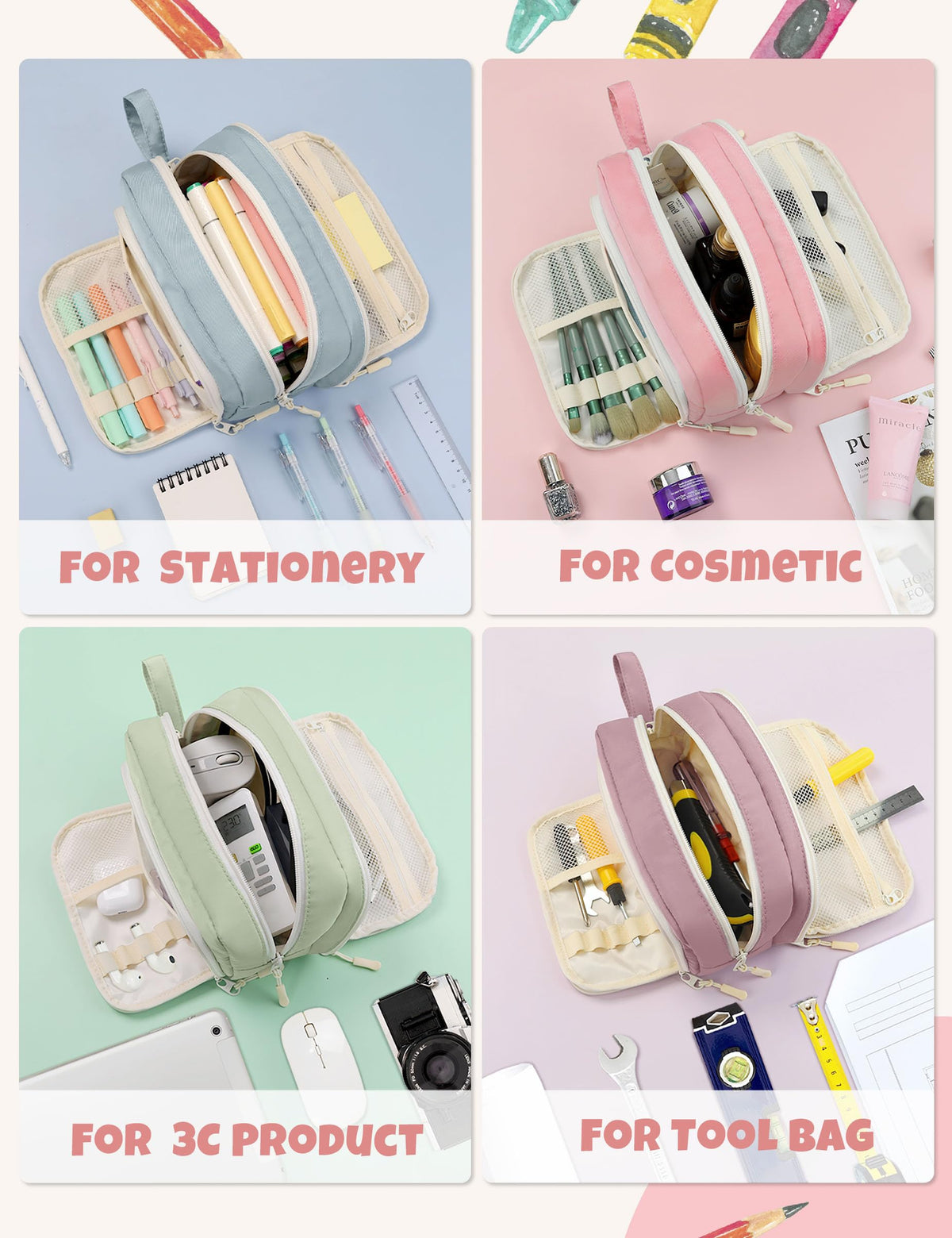 SUNEE Large Pencil Case, Big Capacity Pen Pouch with 3 Compartments, Kawaii Cute Pencil Bag with
