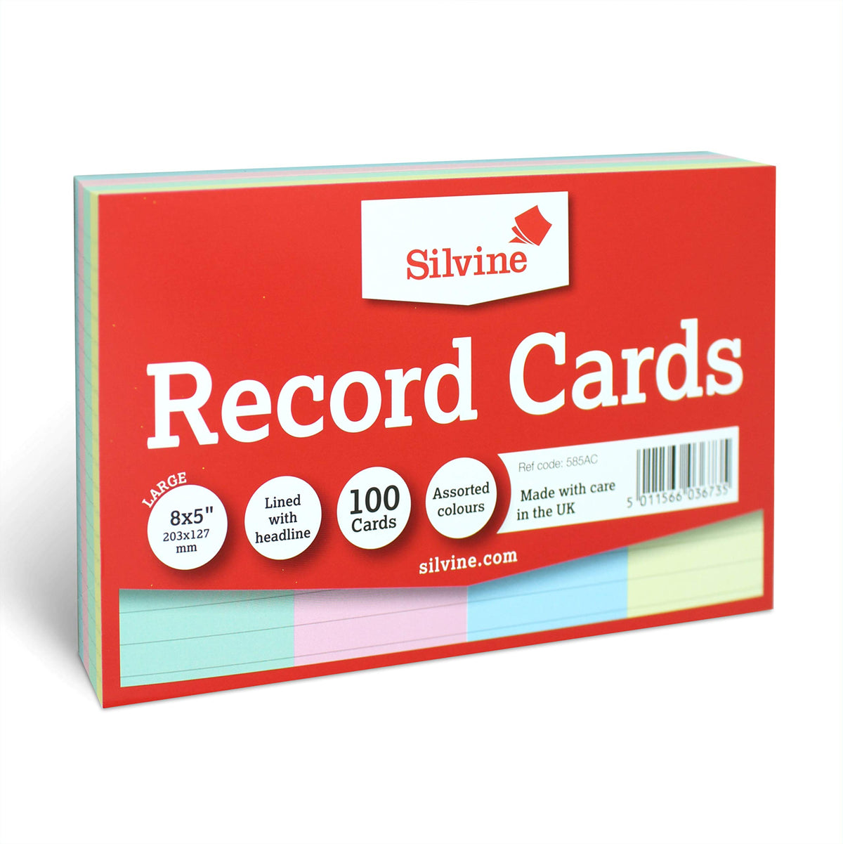 Silvine 8x5" Multi-Coloured Record Cards - Lined with Headline, 100 Cards per Pack. Ref 585AC (203