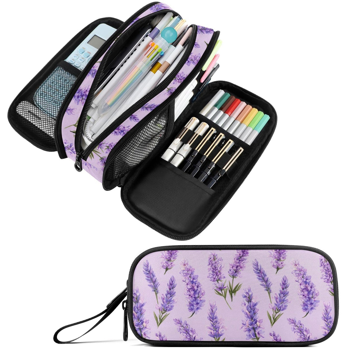 Fustylead Watercolor Vintage Lavender Flowers Pencil Pen Case with 3 Compartments, Lightweight &