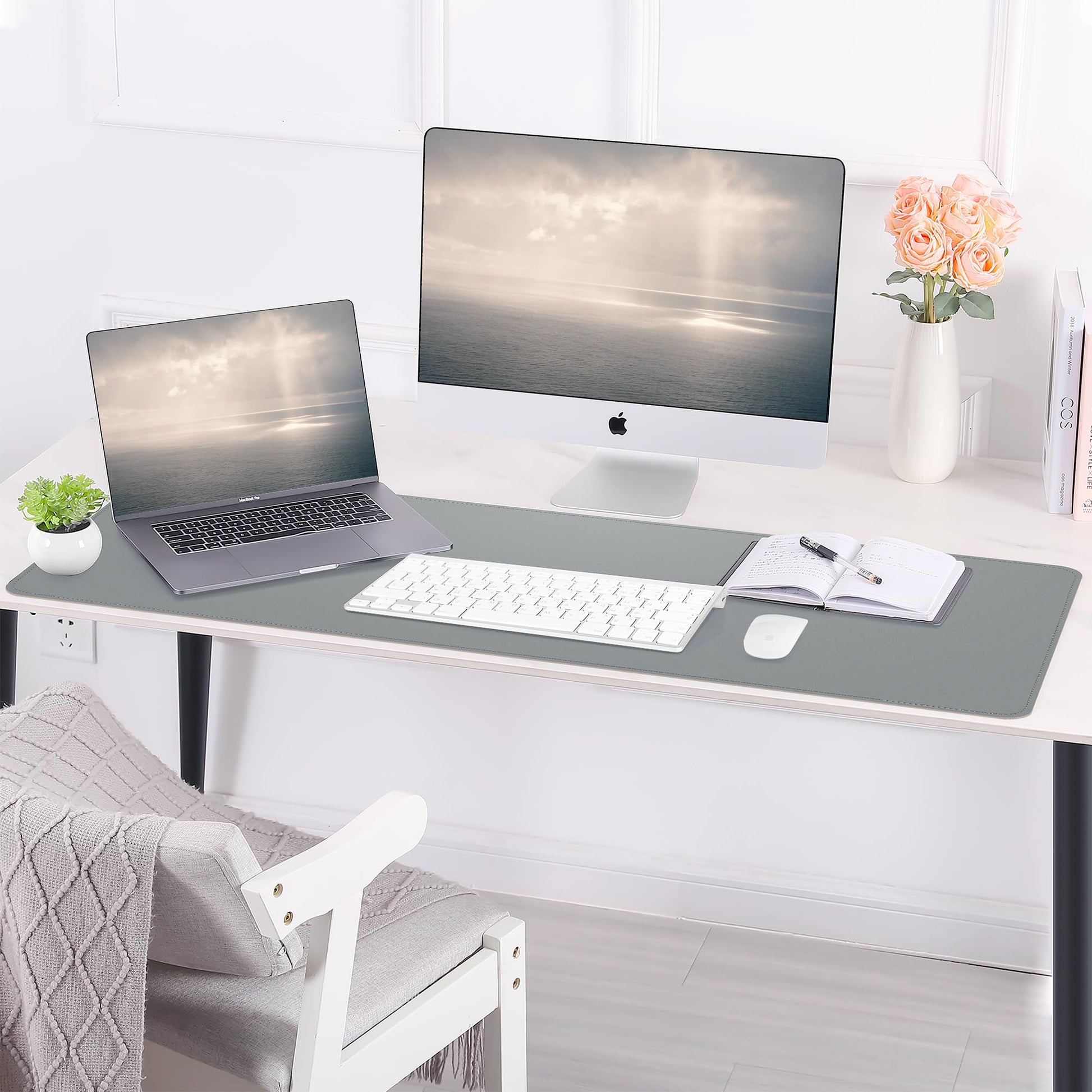 AFIING Leather Desk Pad Protector, 47" x 17" Large Desk Mat with Natural Cork & PU Leather, Mouse