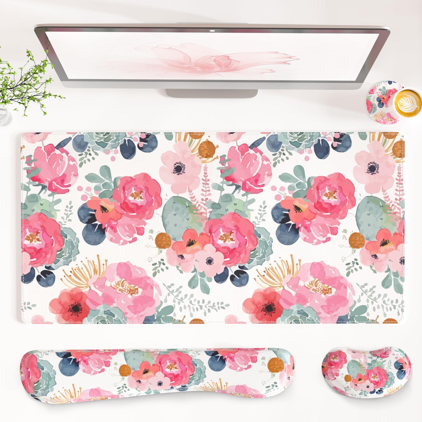 QiyI PU Leather Desk Mat Set, 4-in-1 Ergonomic Wrist Rest, Pink Flowers
