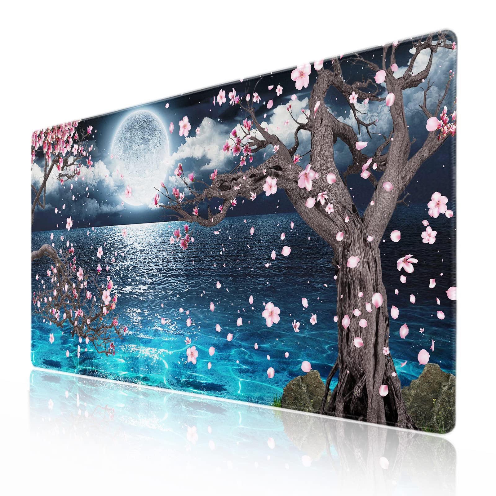 Pink Cherry Blossom Gaming Mouse Pad XXL Sakura Tree Blue Ocean Moon Night Extended Big Large Desk