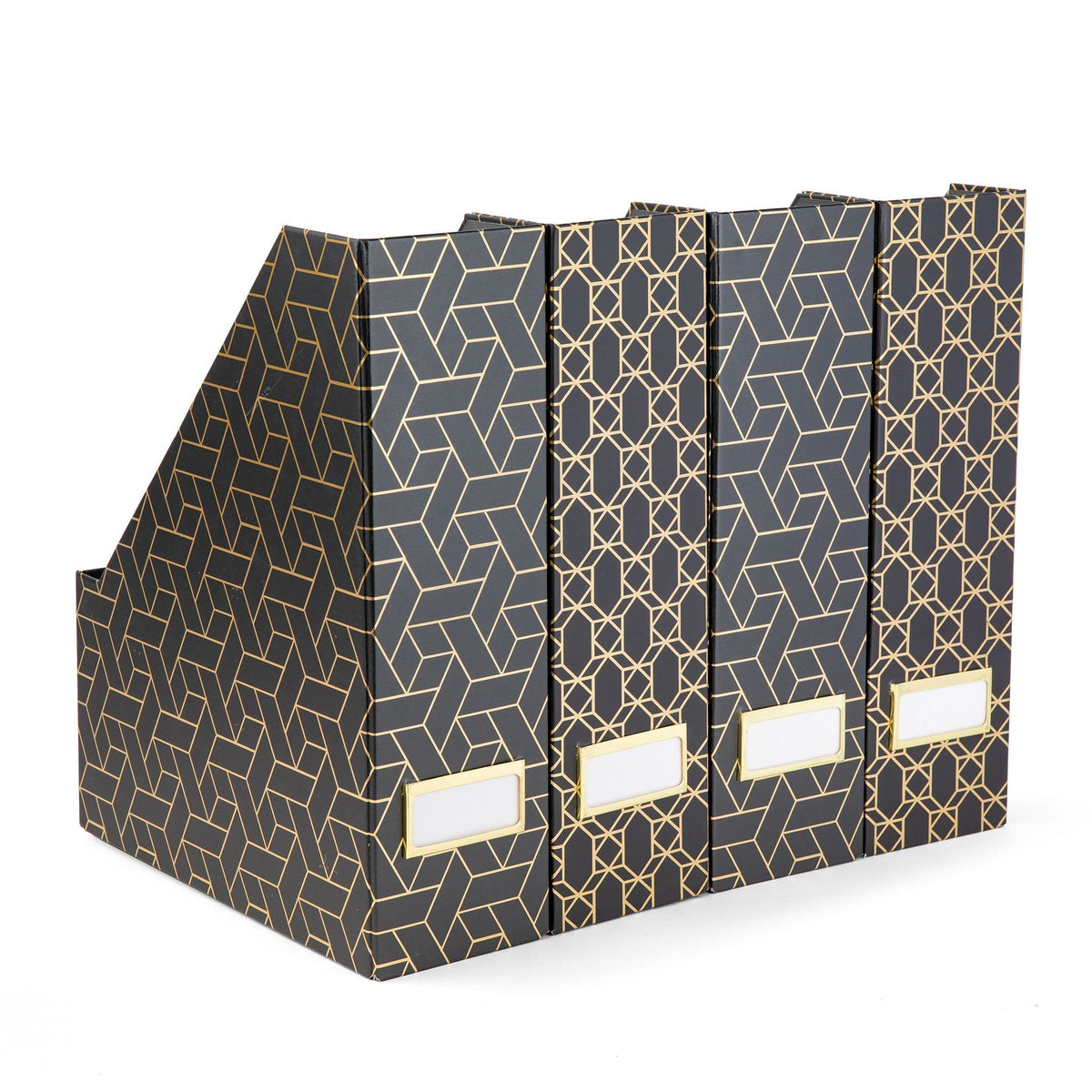 BLU MONACO | Set of 4 Black & Gold Geometric Magazine File Holders with Gold Label Holders |
