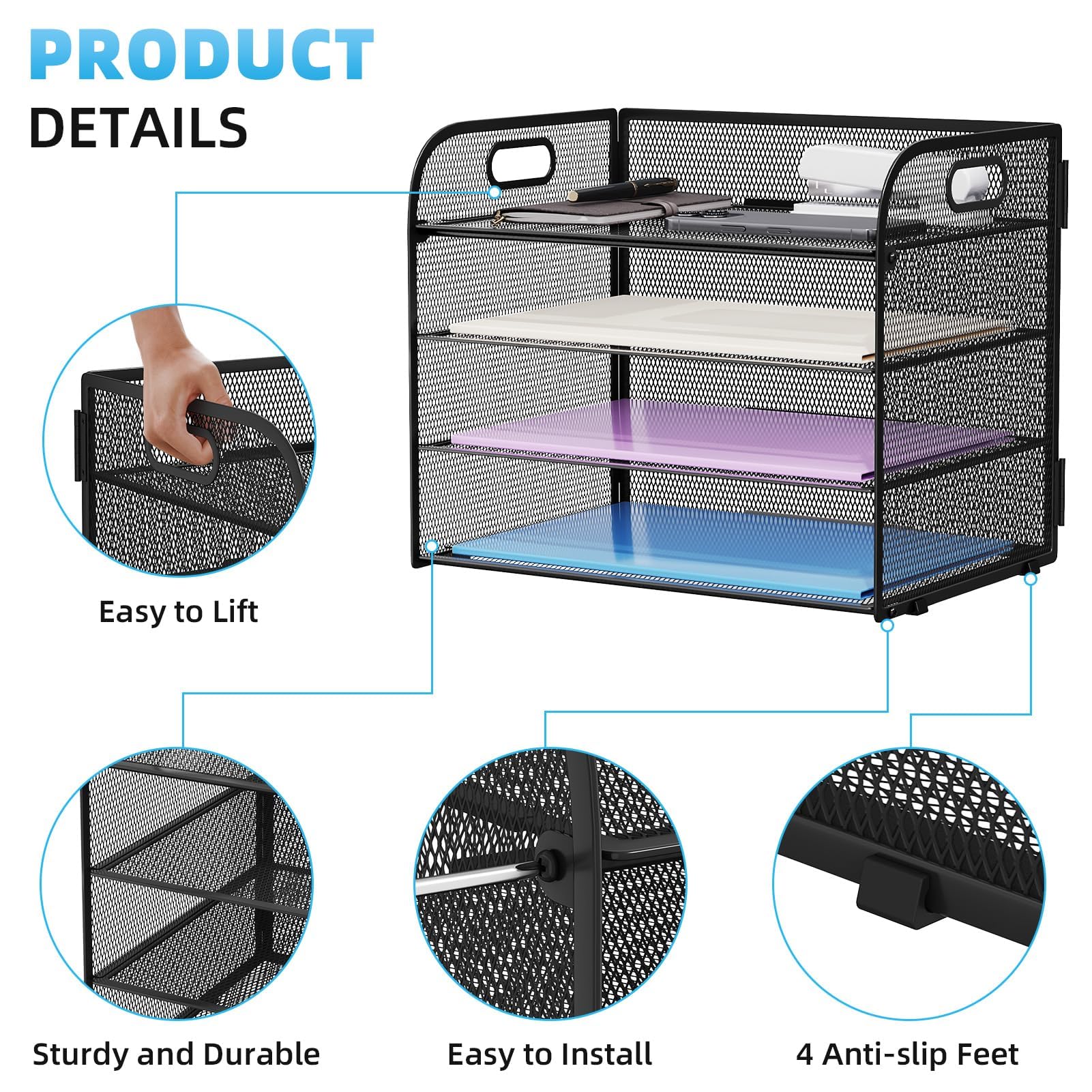 Marbrasse 2 Pack 4 Tier Paper Organizer Letter Tray - Mesh Desk File Organizer with Handle, Paper
