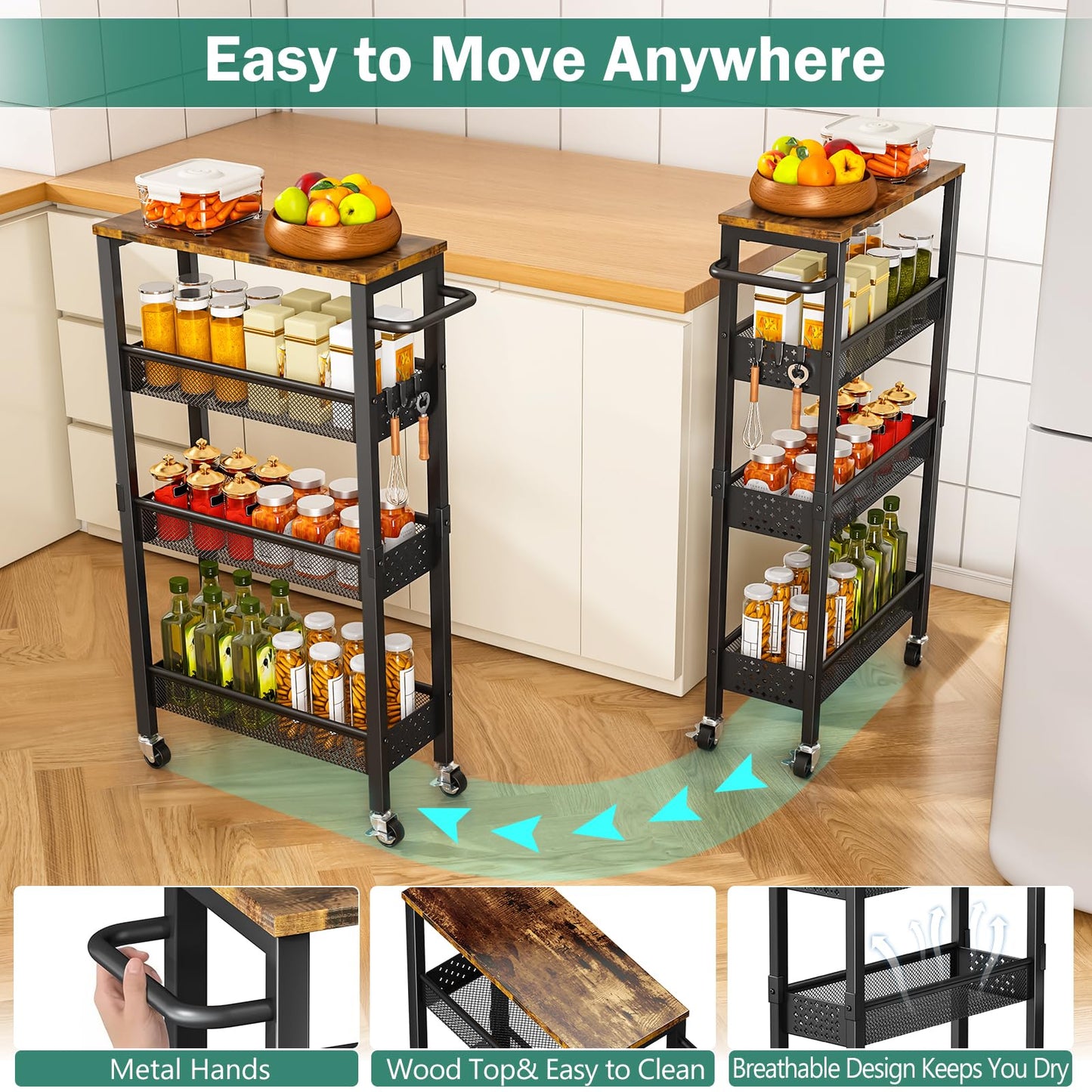 Vivihomety 4-Tier Slim Utility Rolling Laundry Cart with Wheels, Metal