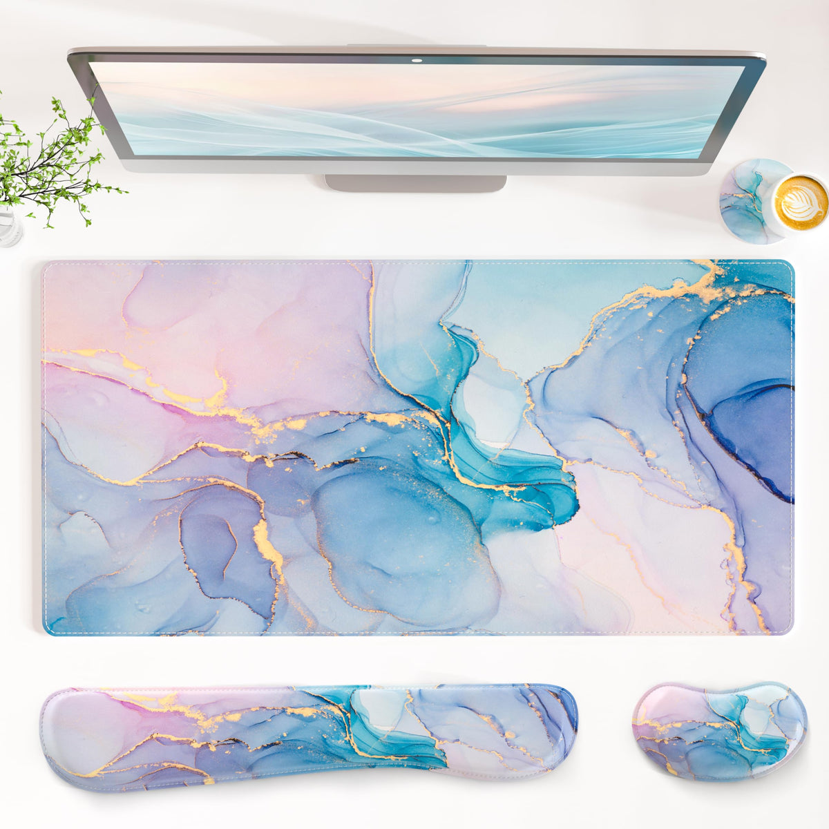 QiyI PU Leather Desk Mat Set, 4-in-1 Ergonomic Wrist Rest, Blue Pink Fluid