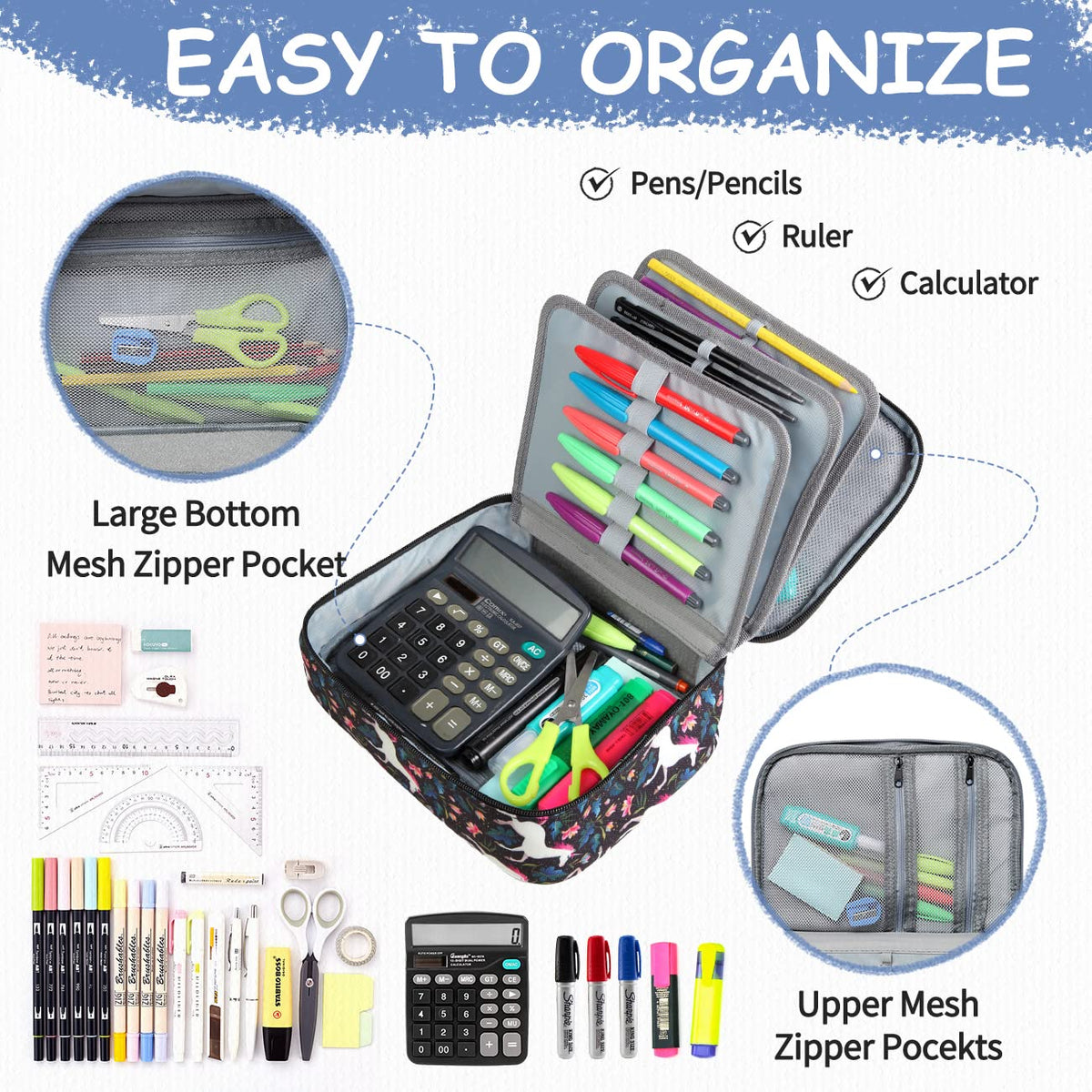 VASCHY Large Pencil Case, Art Color Pencils Pouch with Detachable Layers Multiple Zip Pockets for