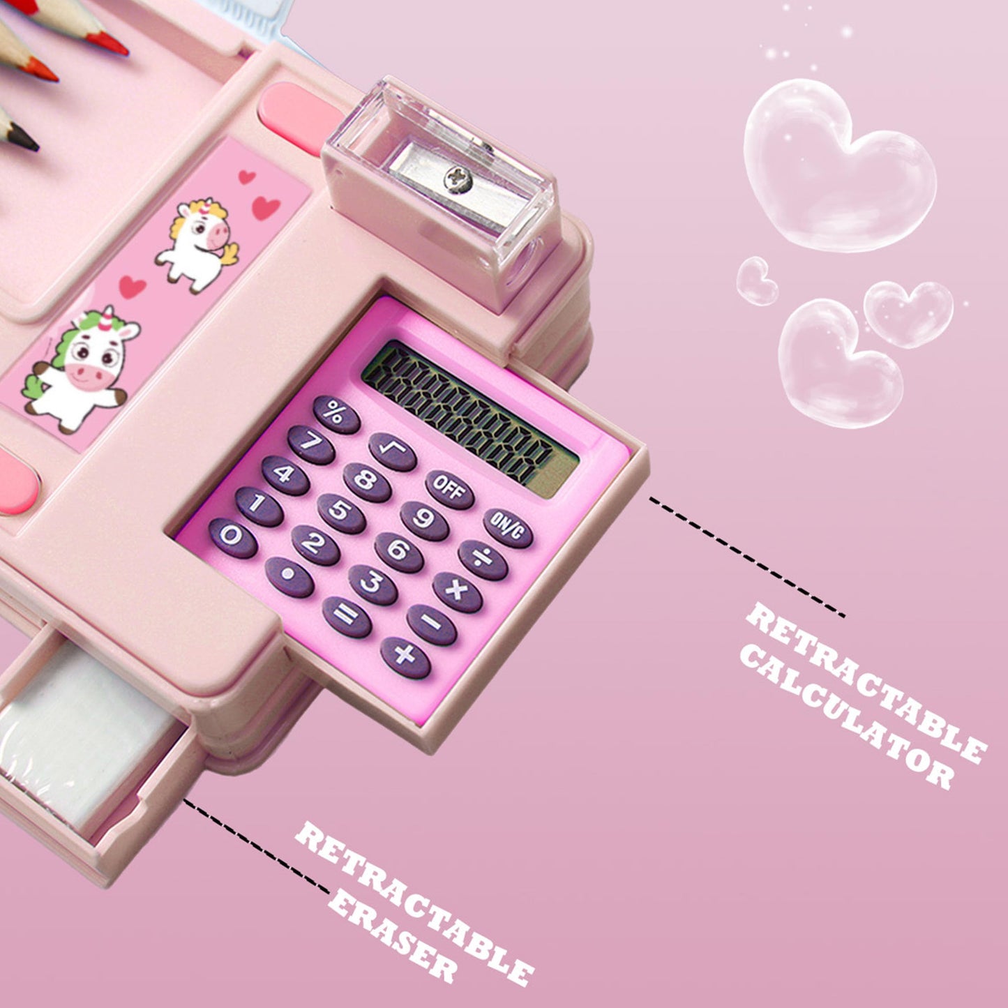 Pop Up Multifunction Pencil Case, Cute Cartoon Pen Box Organizer Stationery with Calculators
