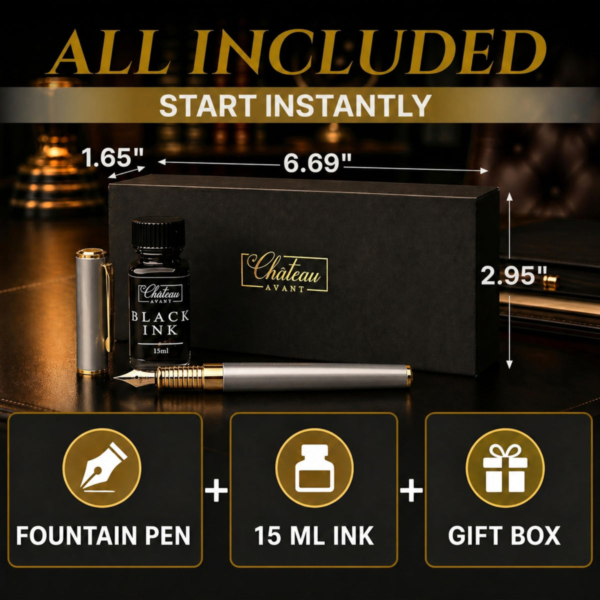 Château Avant Fountain Pen Set | Refillable Grey Fountain Pen with Black Ink Bottle, Fine Nib, and