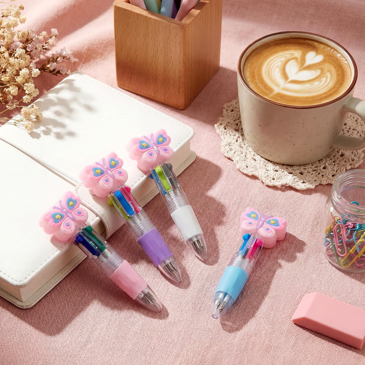 Kosiz 24 Pack Butterfly Party Favors Multicolor 4 in 1 0.5mm Ballpoint Pen