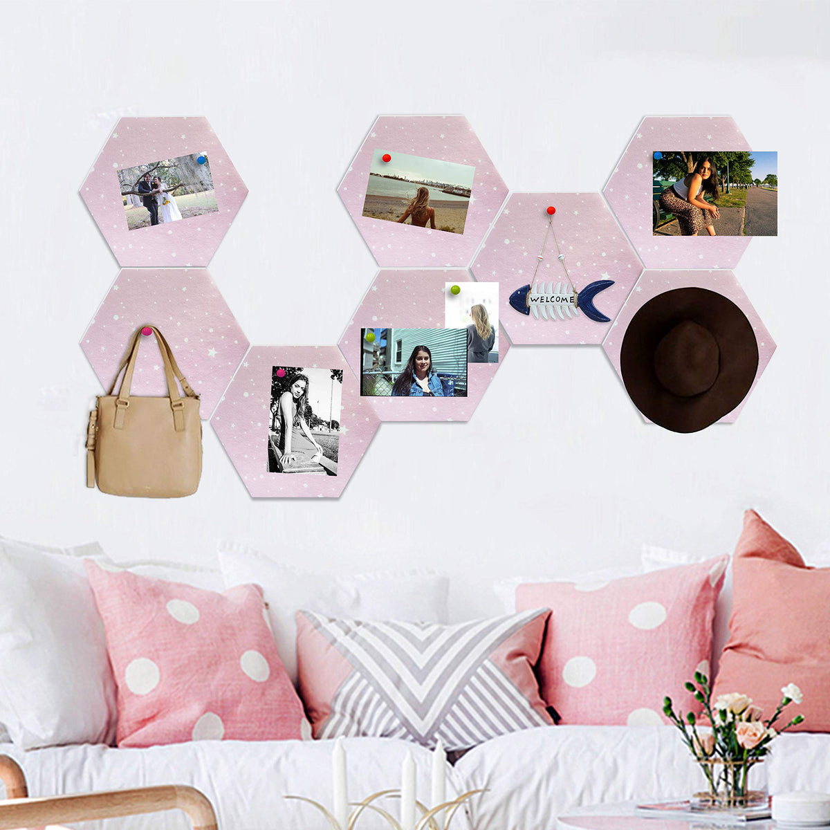 Fovasen 8 Pcs Felt Hexagon Cork Board Tiles, Self-Adhesive Notice Board Pink Wall Tiles with Push