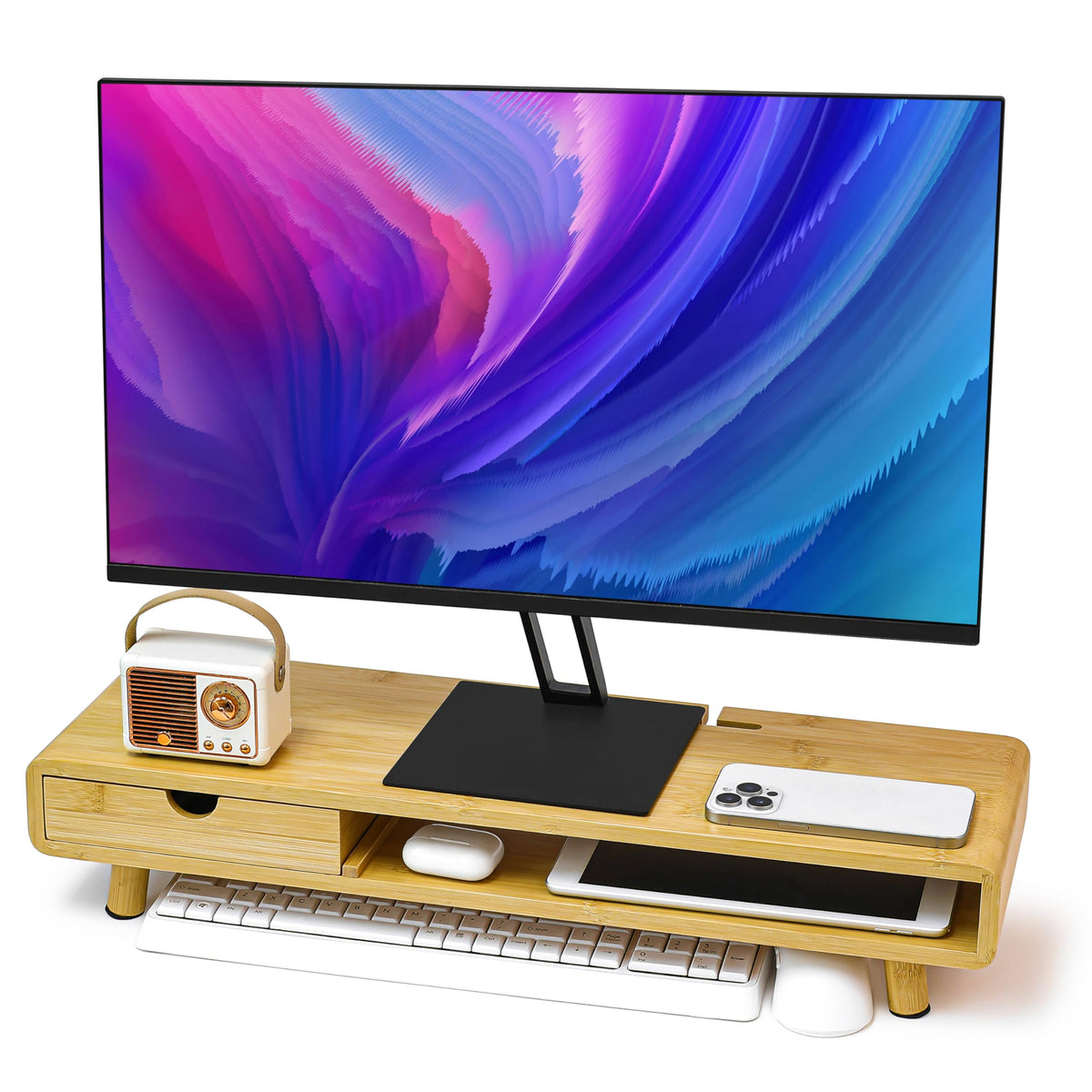 Homerays Monitor Stand with Drawer, Exquisite Computer Monitor Stand for Desk, Ergonomic Wood
