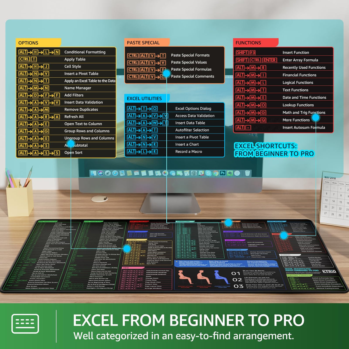 KTRIO Excel Shortcuts Mousepad, Desk Mat, 31.5 x 15.7 in, XXL
